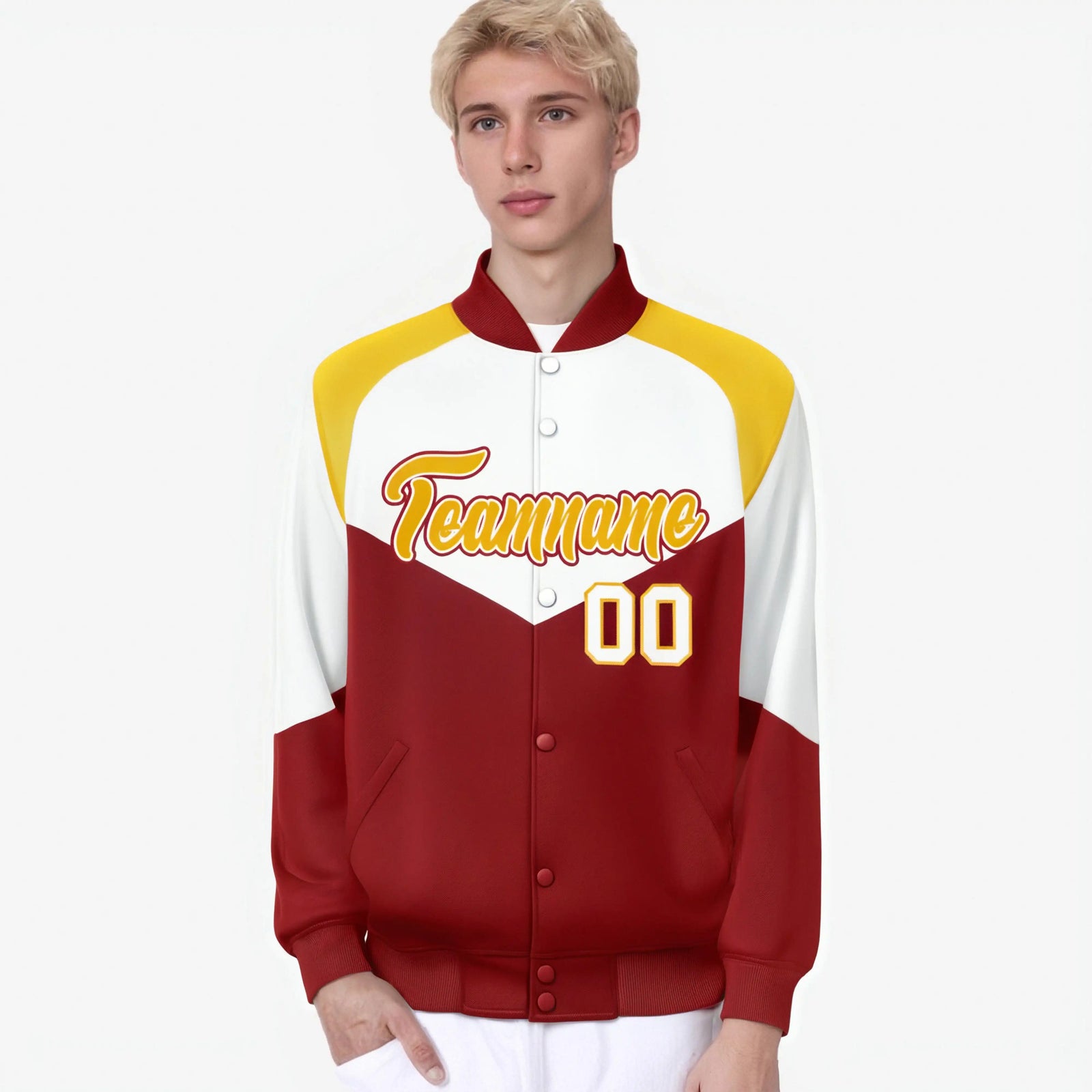 Custom White Red-Gold Varsity Full-Snap Color Block Letterman Jacket