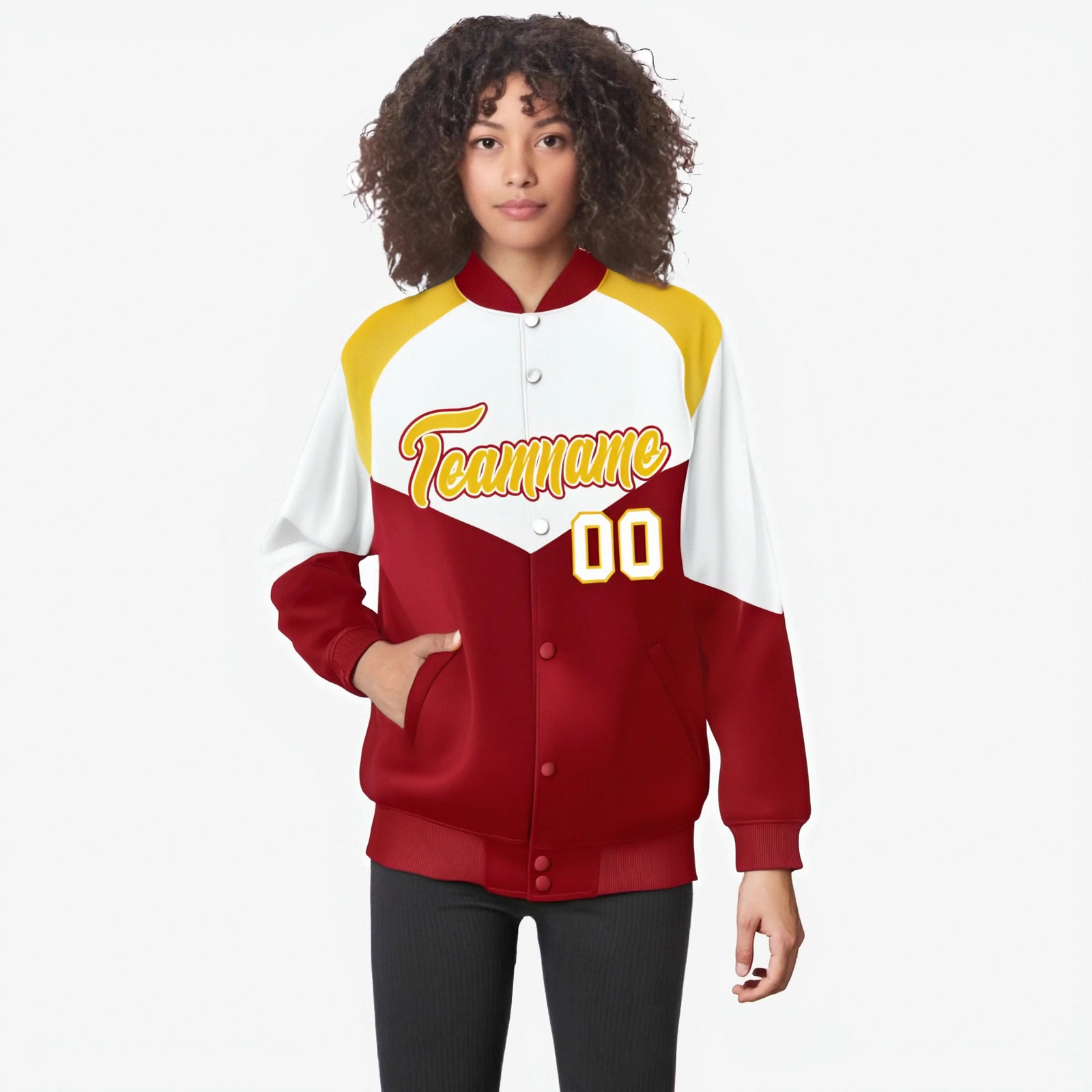 Custom White Red-Gold Varsity Full-Snap Color Block Letterman Jacket