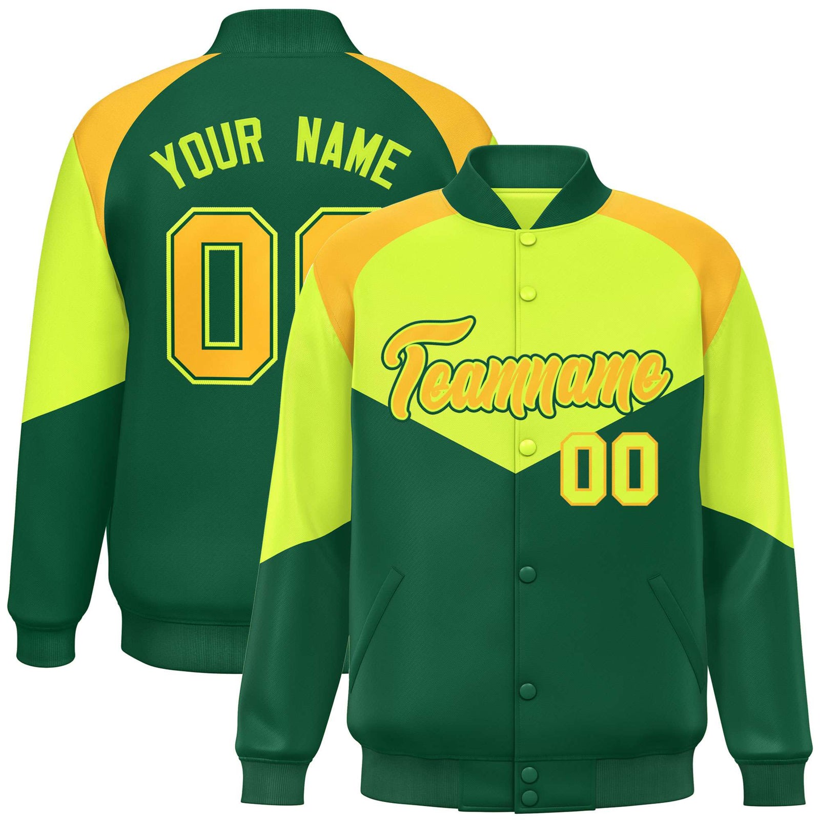 Custom Fluorescent Green Kelly Green-Gold Varsity Full-Snap Color Block Letterman Jacket