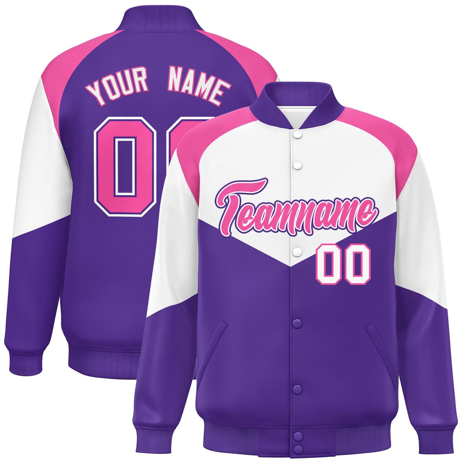 Custom White Purple-Pink Varsity Full-Snap Color Block Letterman Jacket