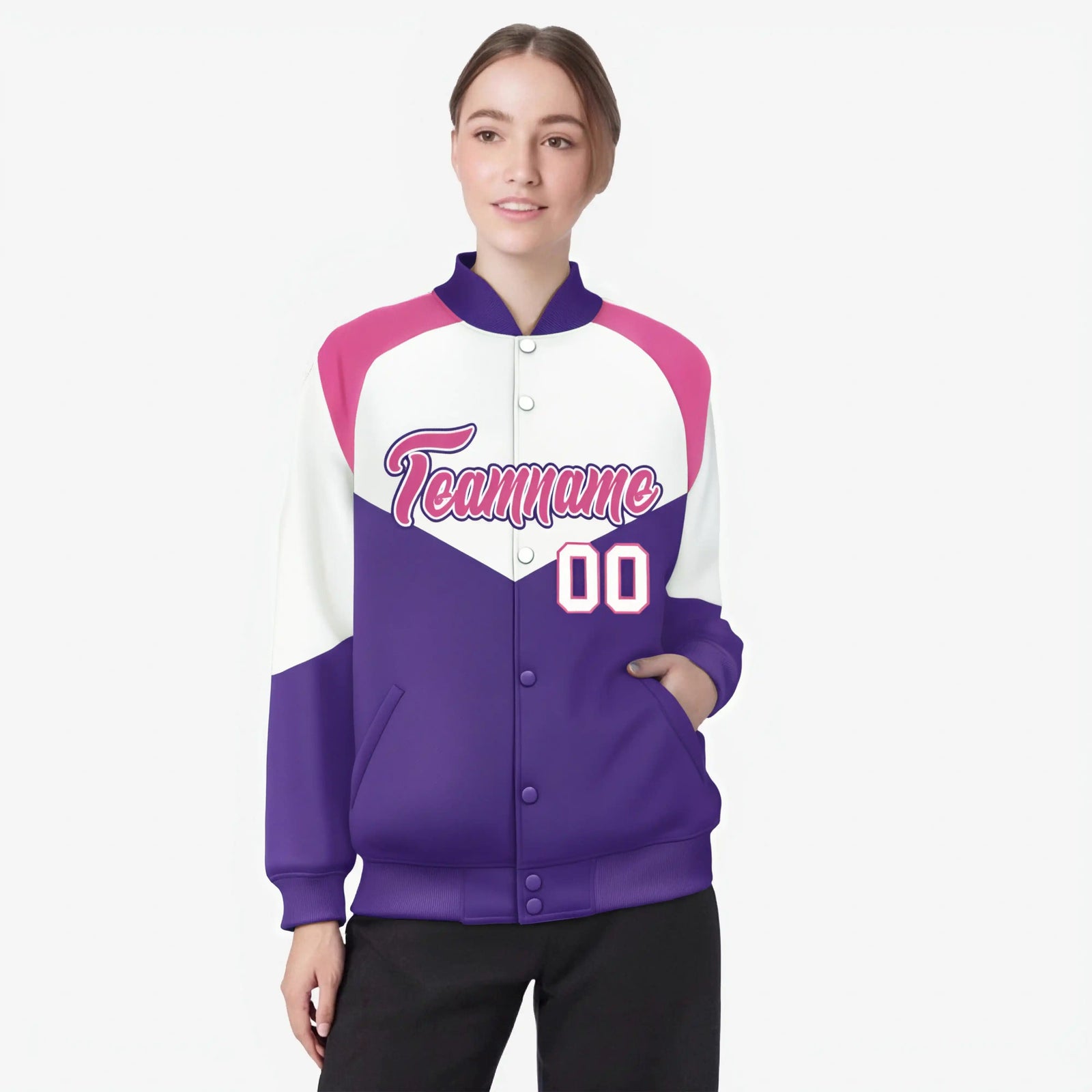 Custom White Purple-Pink Varsity Full-Snap Color Block Letterman Jacket