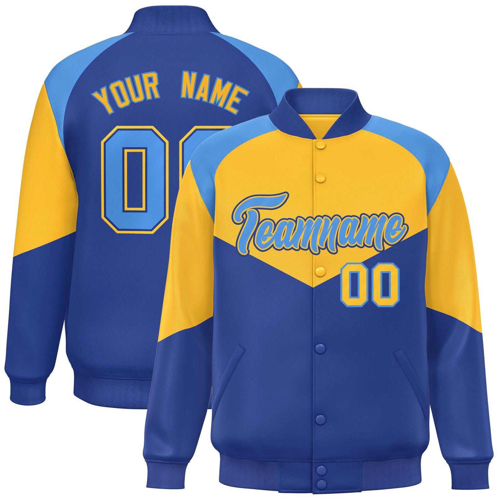 Custom Yellow Royal Blue-Powder Blue Varsity Full-Snap Color Block Letterman Jacket