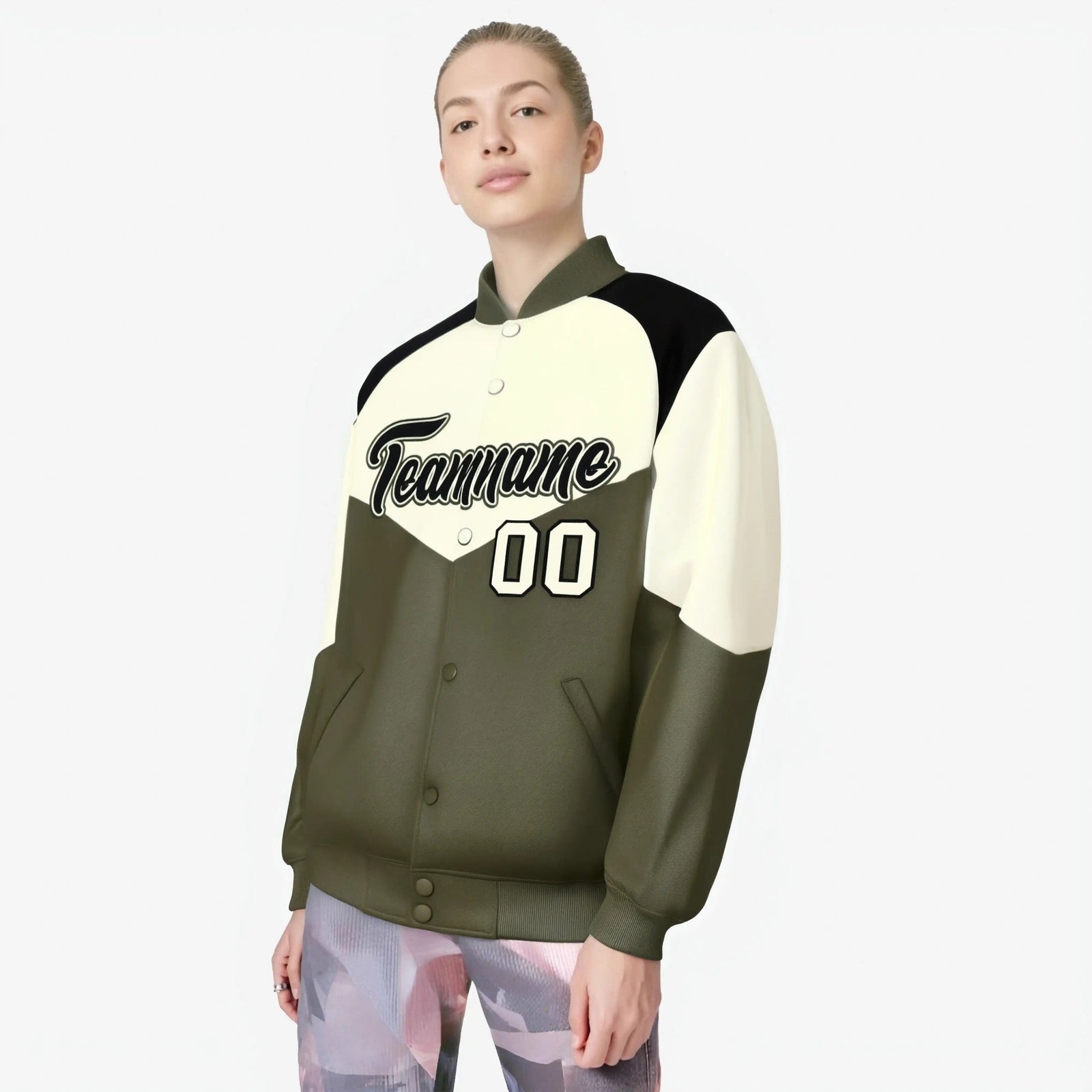 Custom Cream Olive-Black Varsity Full-Snap Color Block Letterman Jacket