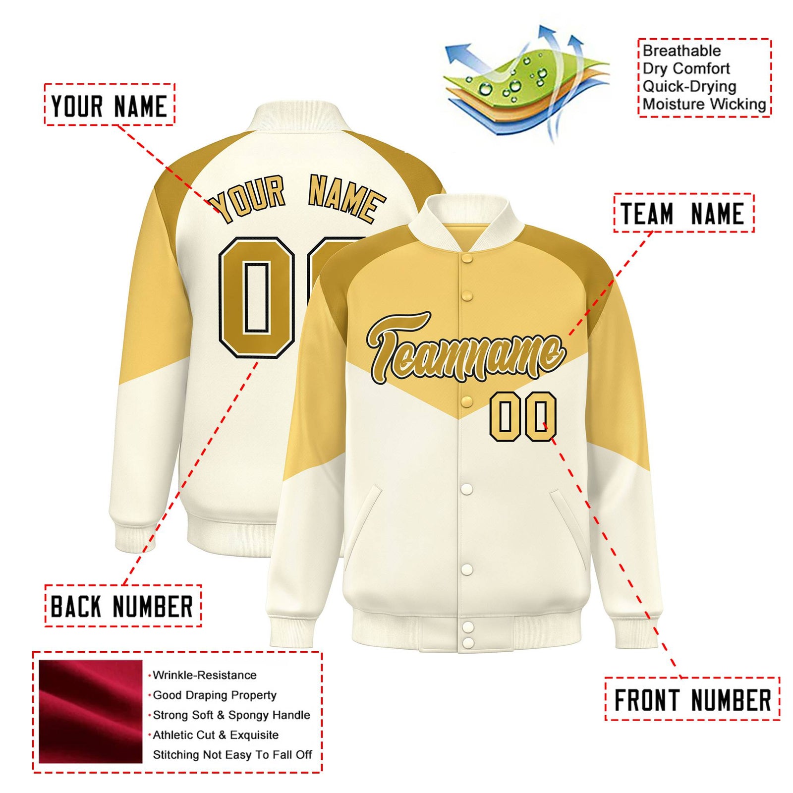 Custom Khaki Cream-Old Gold Varsity Full-Snap Color Block Letterman Jacket