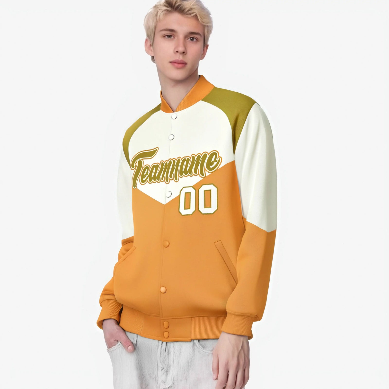 Custom Cream Yellow-Old Gold Varsity Full-Snap Color Block Letterman Jacket