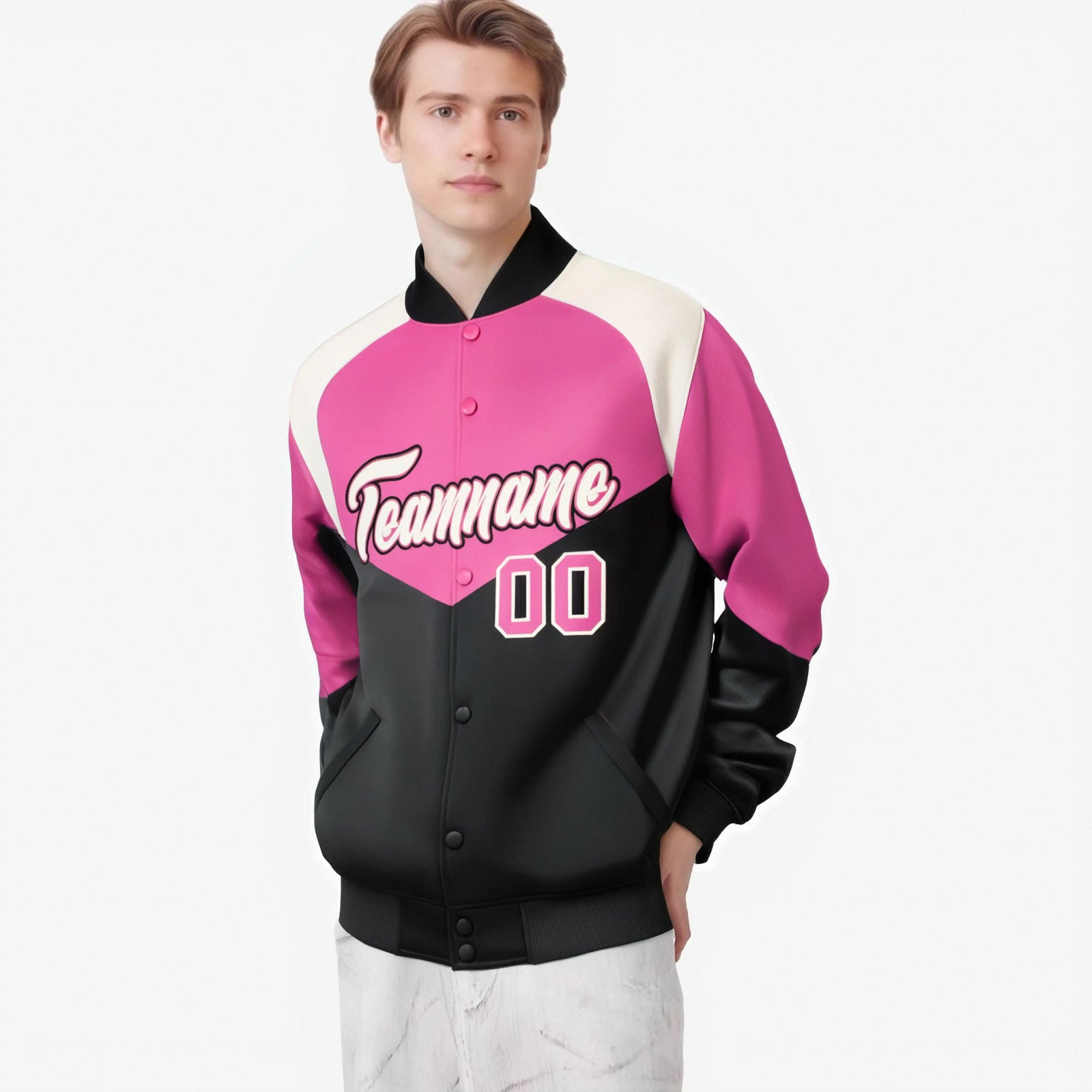 Custom Pink Black-Cream Varsity Full-Snap Color Block Letterman Jacket
