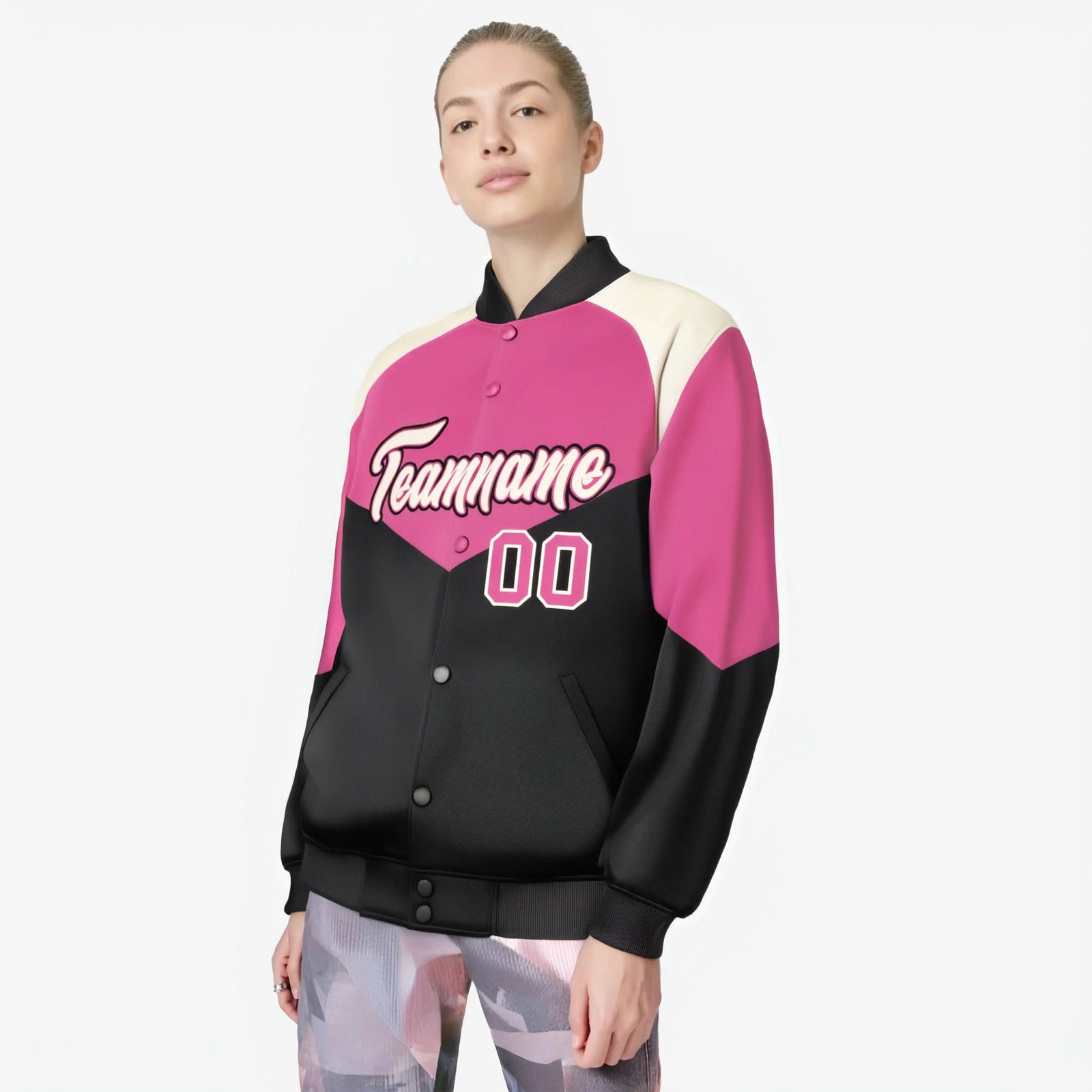 Custom Pink Black-Cream Varsity Full-Snap Color Block Letterman Jacket