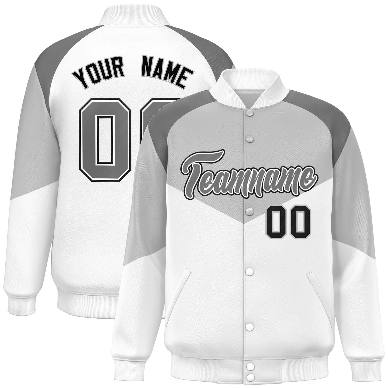 Custom Gray White-Dark Gray Varsity Full-Snap Color Block Letterman Jacket