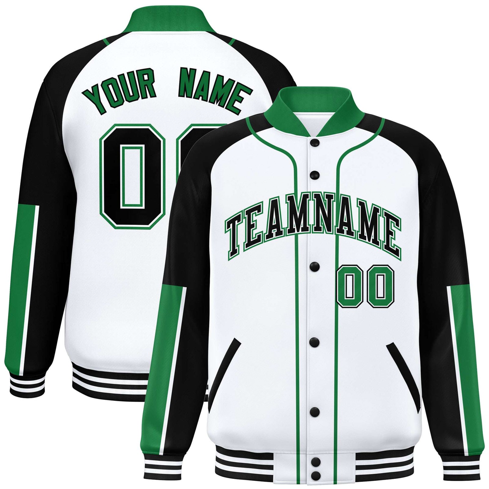 Custom White Black-Kelly Green Varsity Full-Snap Color Block Letterman Jacket
