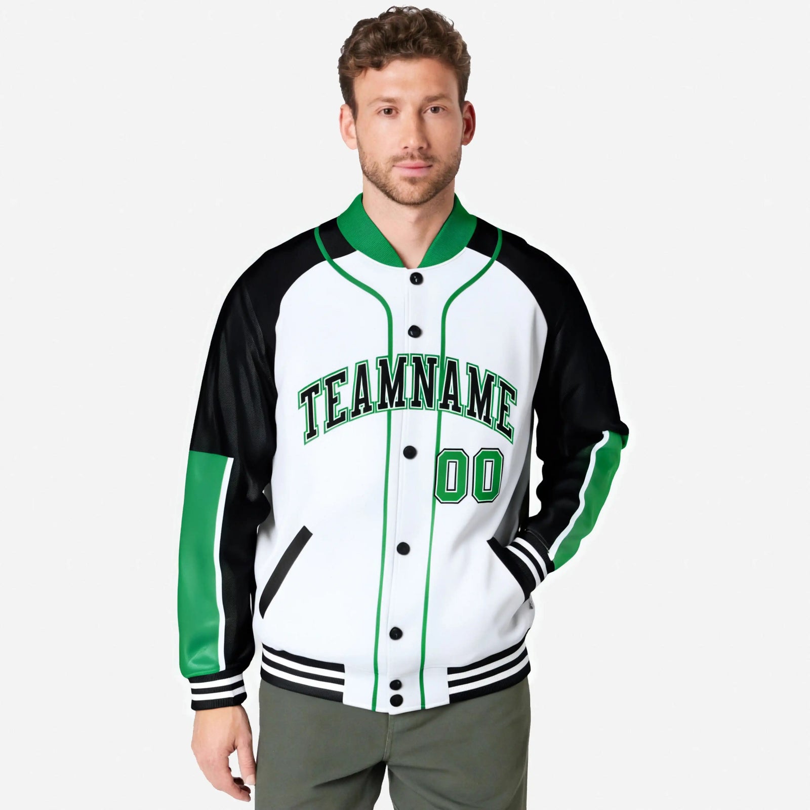 Custom White Black-Kelly Green Varsity Full-Snap Color Block Letterman Jacket