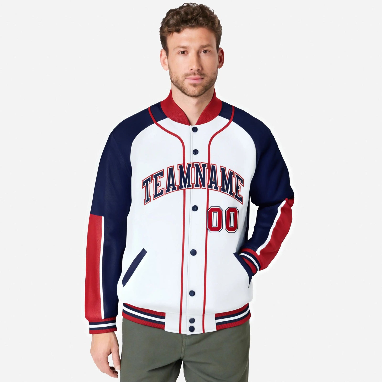 Custom White Navy-Red Varsity Full-Snap Color Block Letterman Jacket
