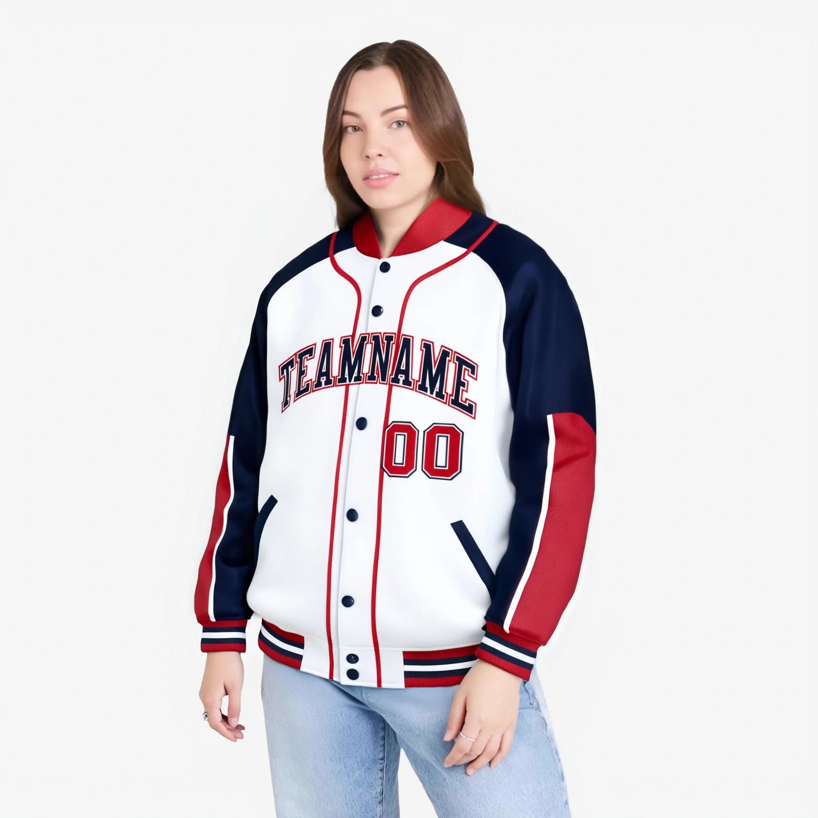 Custom White Navy-Red Varsity Full-Snap Color Block Letterman Jacket
