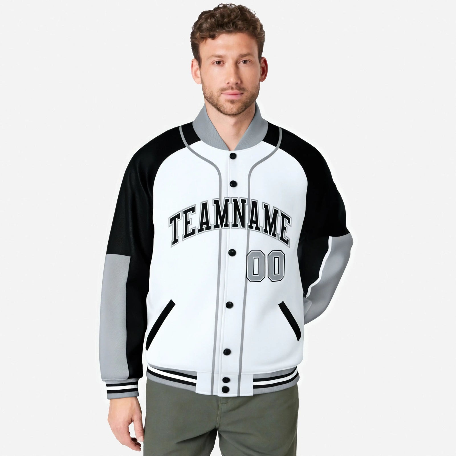 Custom White Black-Gray Varsity Full-Snap Color Block Letterman Jacket