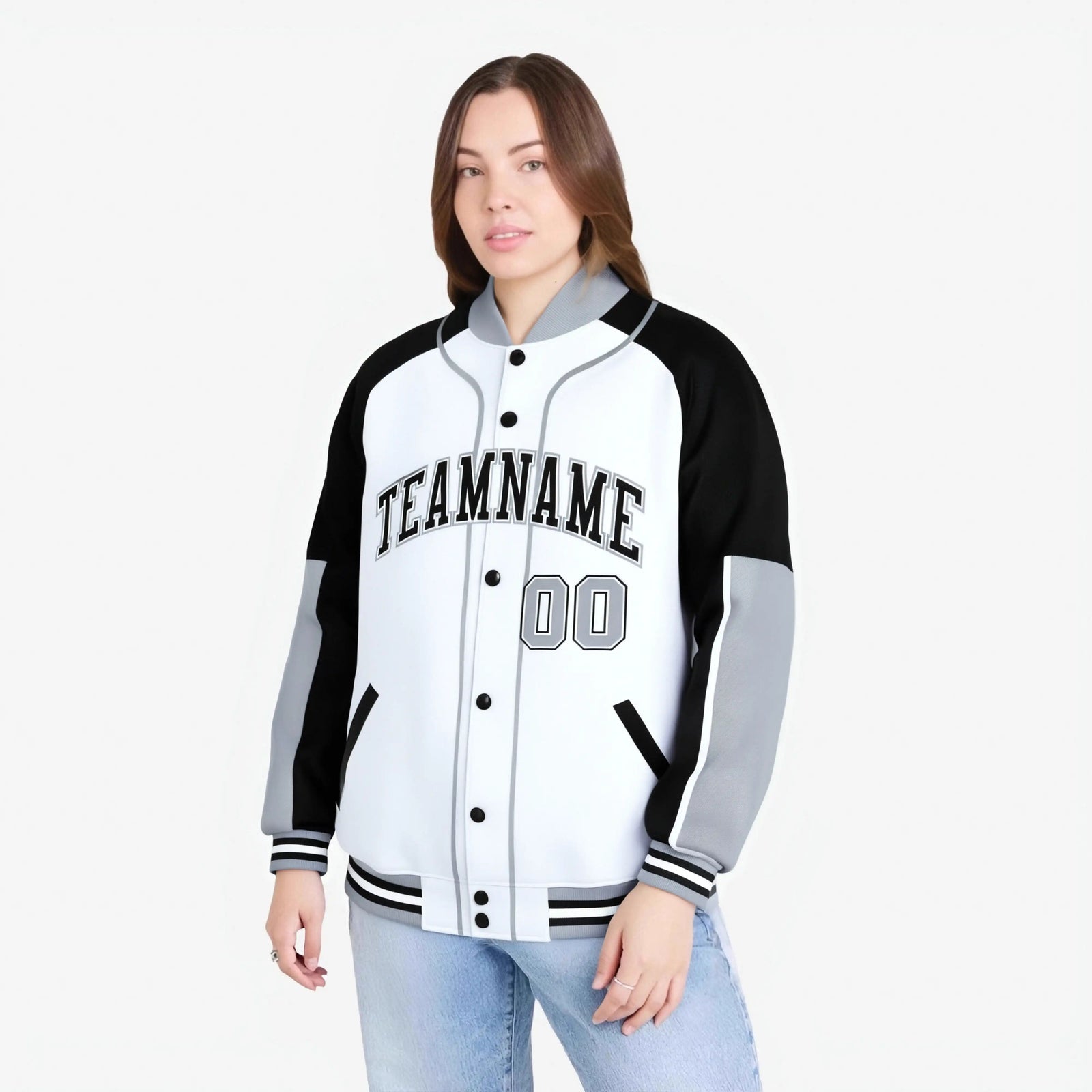 Custom White Black-Gray Varsity Full-Snap Color Block Letterman Jacket