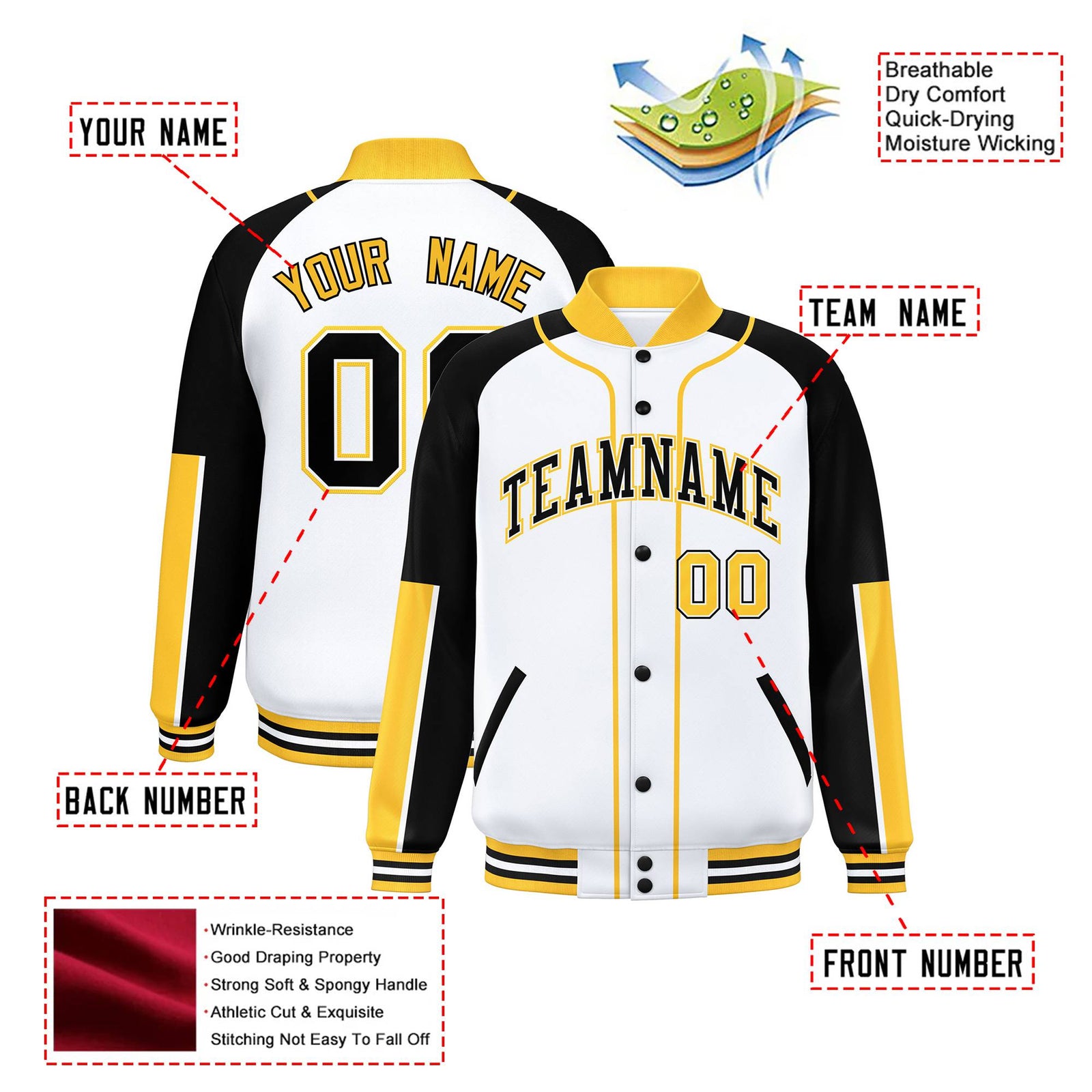 Custom White Black-Gold Varsity Full-Snap Color Block Letterman Jacket