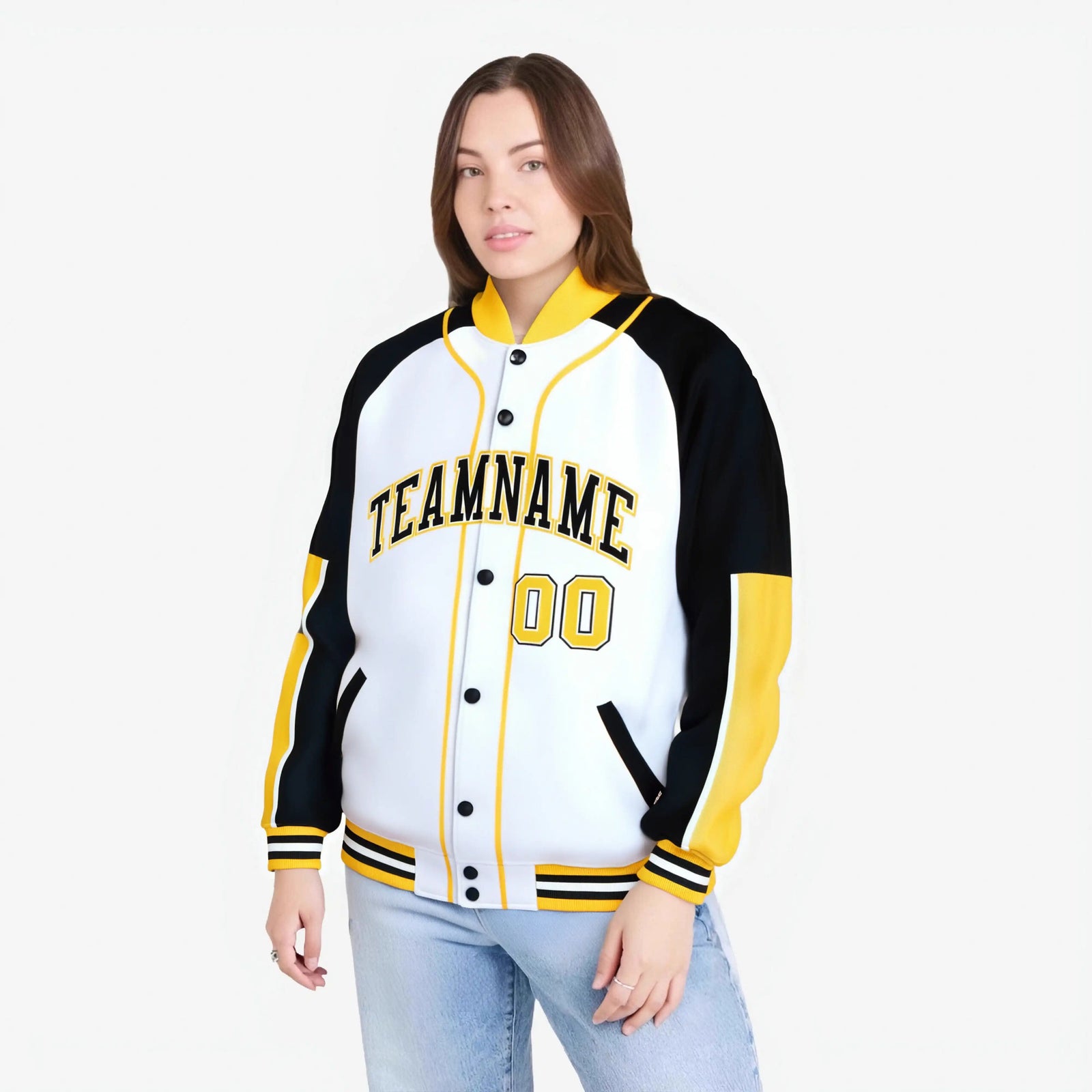 Custom White Black-Gold Varsity Full-Snap Color Block Letterman Jacket
