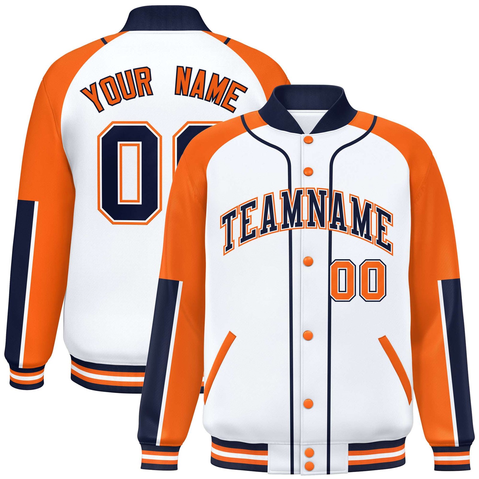 Custom White Orange-Navy Varsity Full-Snap Color Block Letterman Jacket