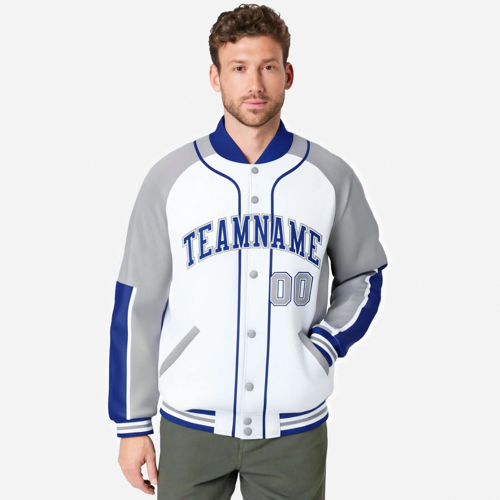 Custom White Gray-Royal Blue Varsity Full-Snap Color Block Letterman Jacket