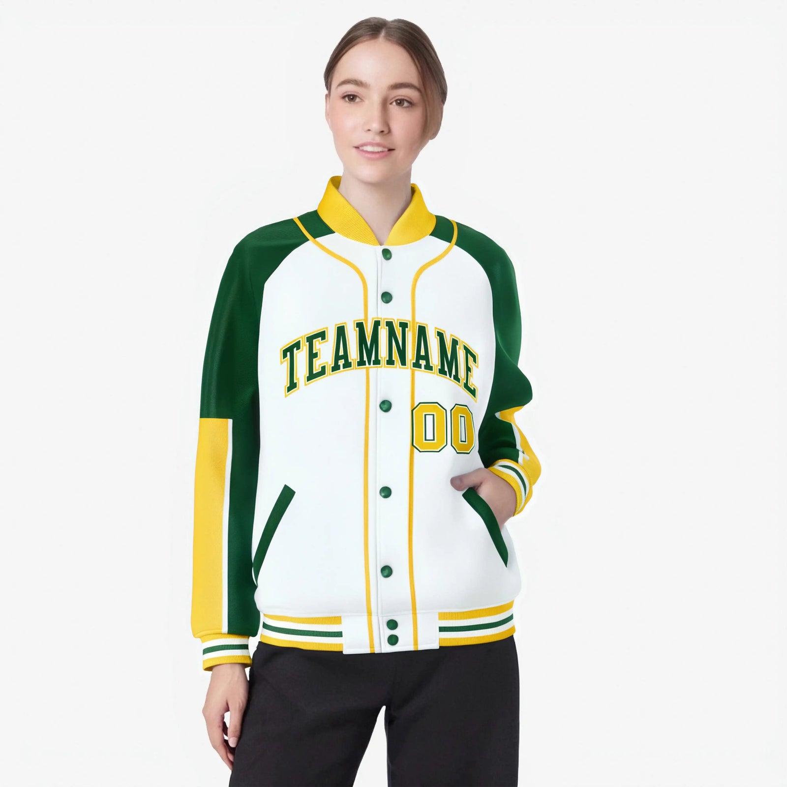 Custom White Green-Gold Varsity Full-Snap Color Block Letterman Jacket