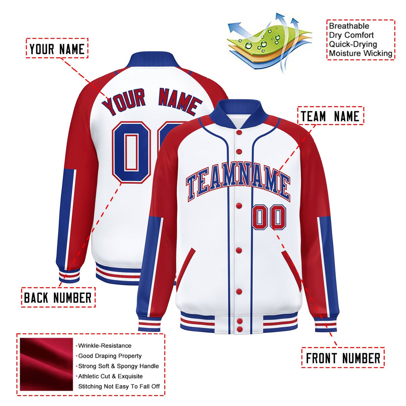 Custom White Red-Royal Blue Varsity Full-Snap Color Block Letterman Jacket