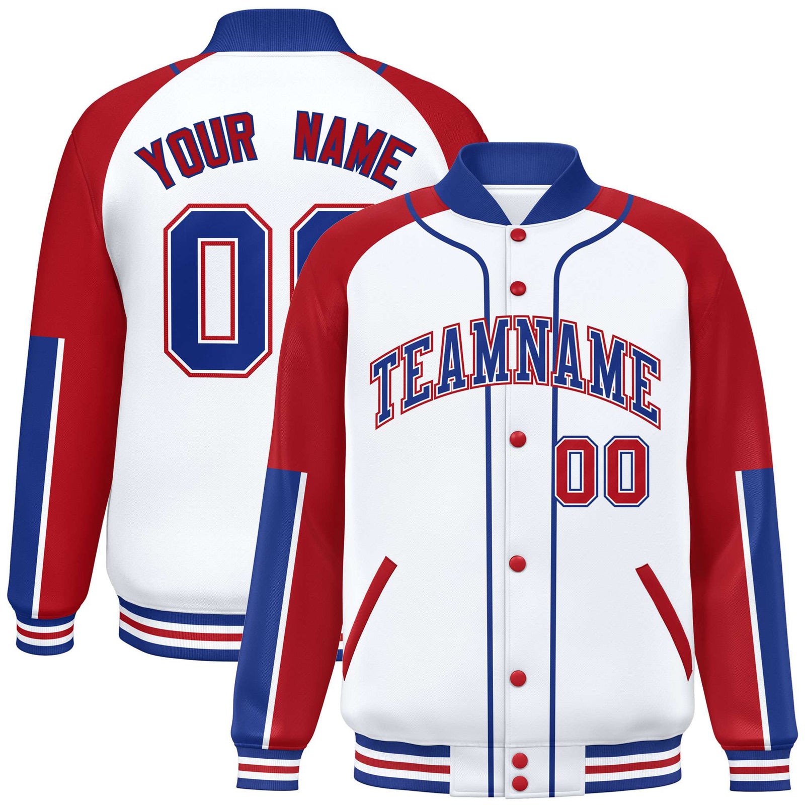 Custom White Red-Royal Blue Varsity Full-Snap Color Block Letterman Jacket