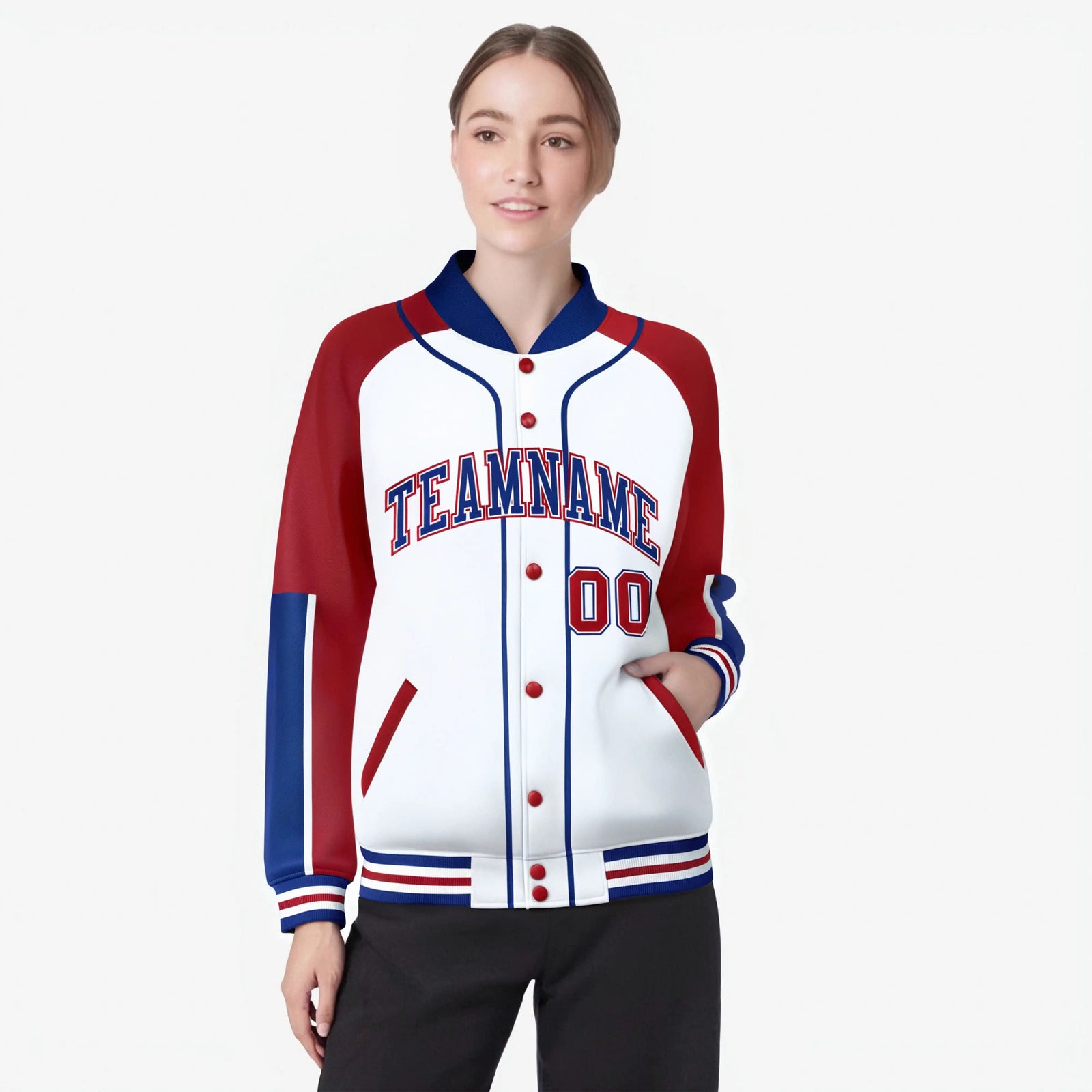 Custom White Red-Royal Blue Varsity Full-Snap Color Block Letterman Jacket