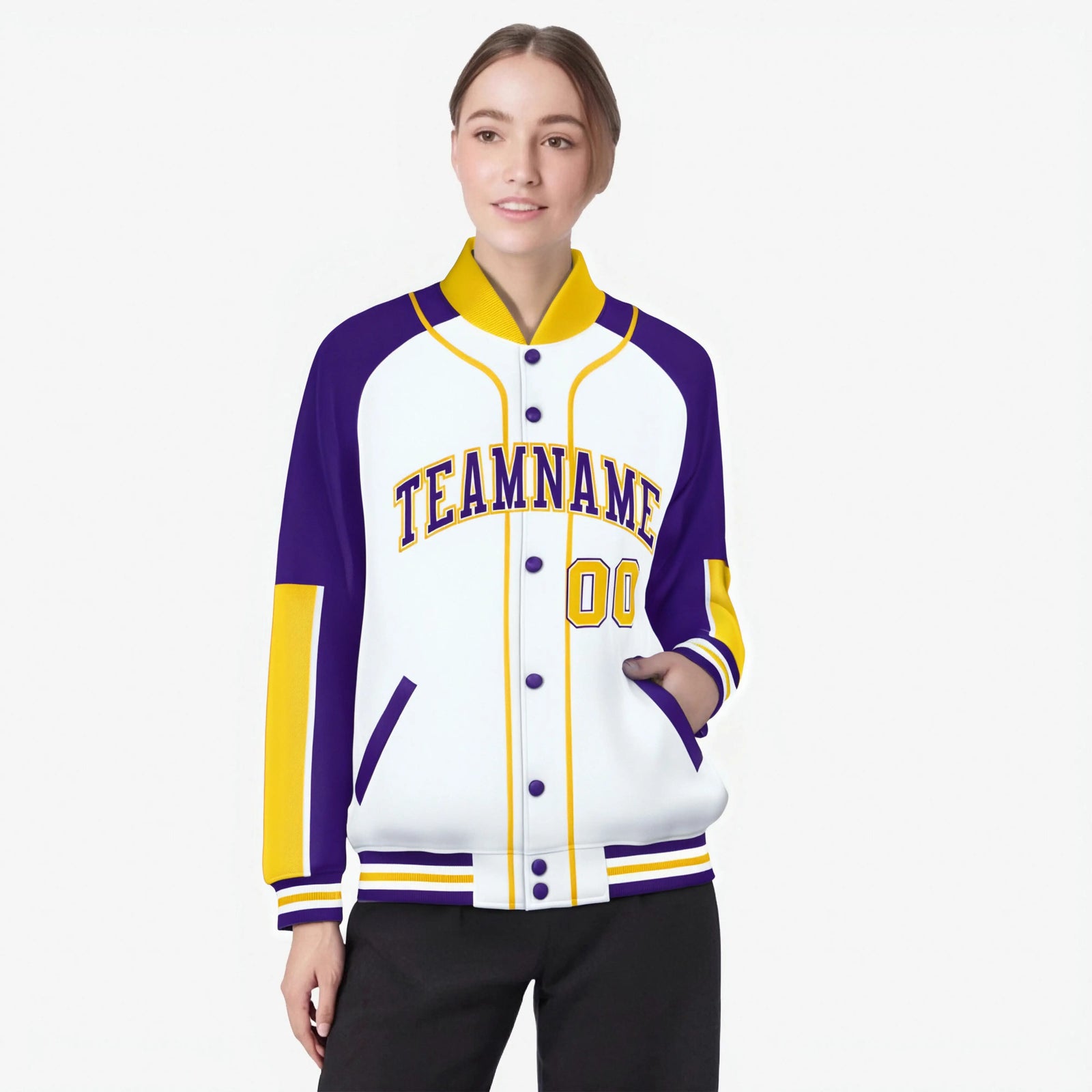 Custom White Purple-Gold Varsity Full-Snap Color Block Letterman Jacket