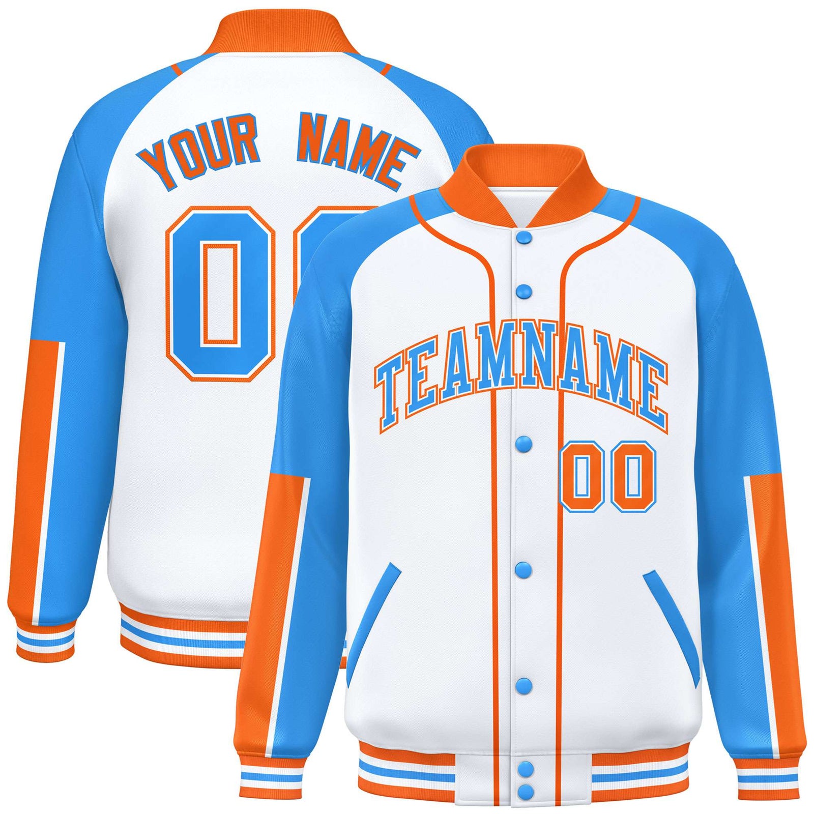 Custom White Powder Blue-Orange Varsity Full-Snap Color Block Letterman Jacket