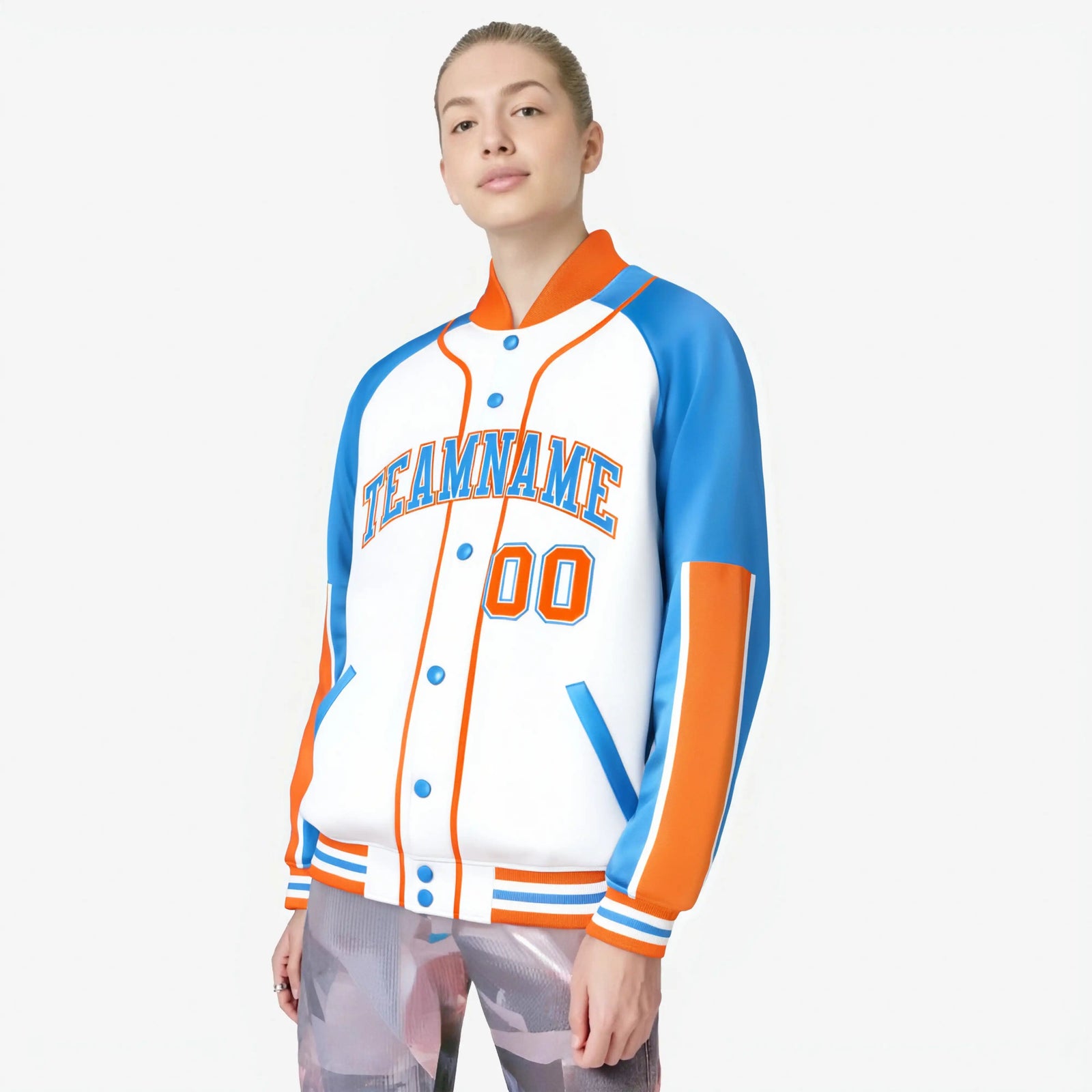Custom White Powder Blue-Orange Varsity Full-Snap Color Block Letterman Jacket
