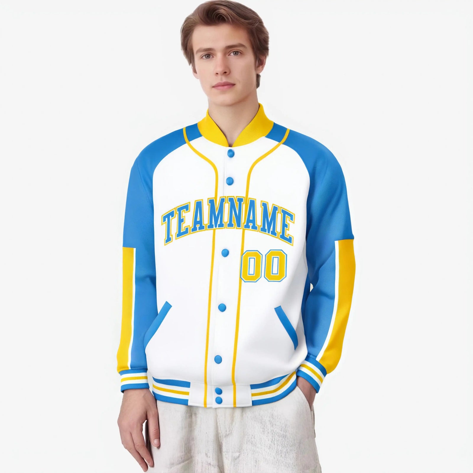 Custom White Powder Blue-Gold Varsity Full-Snap Color Block Letterman Jacket