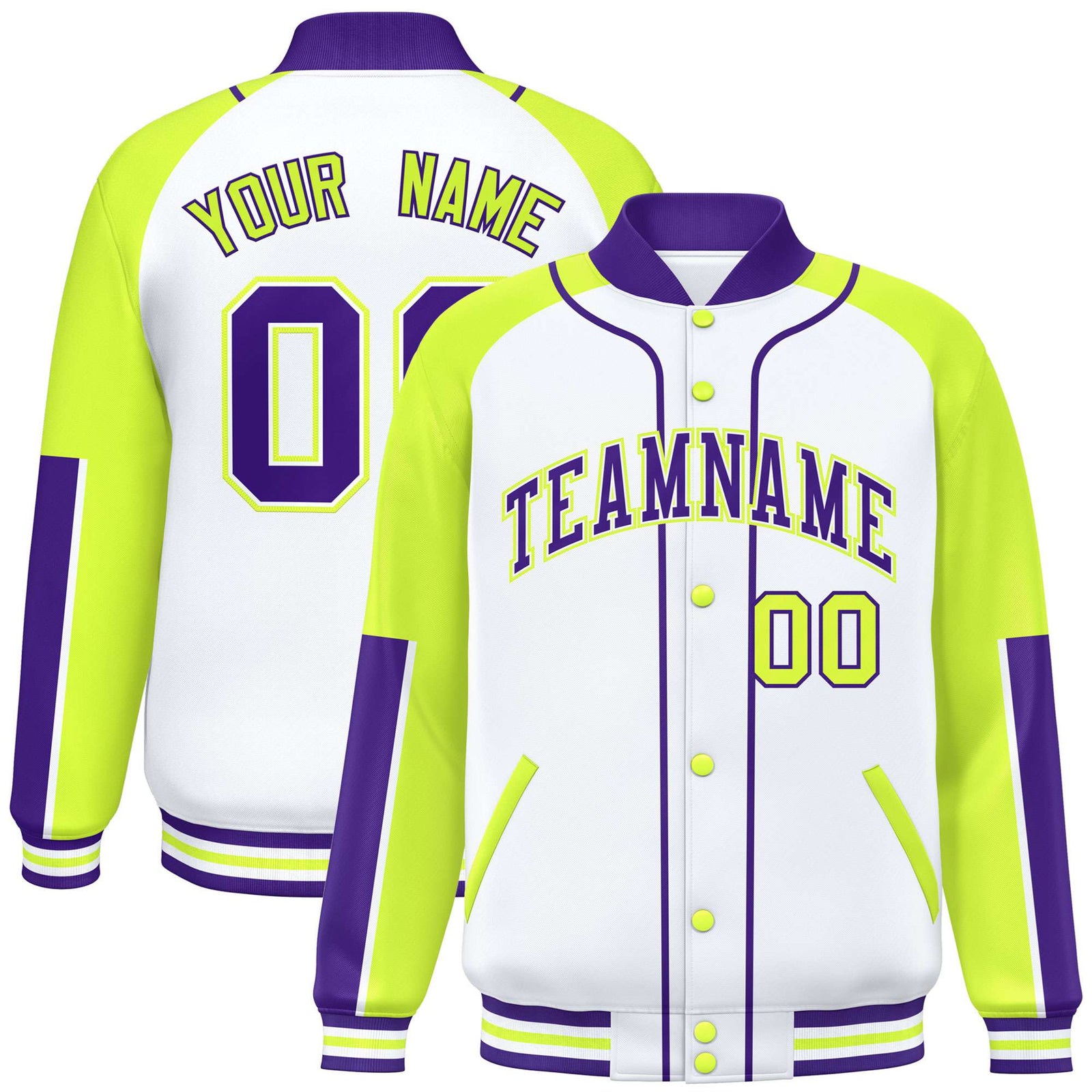 Custom White Fluorescent Green-Purple Varsity Full-Snap Color Block Letterman Jacket