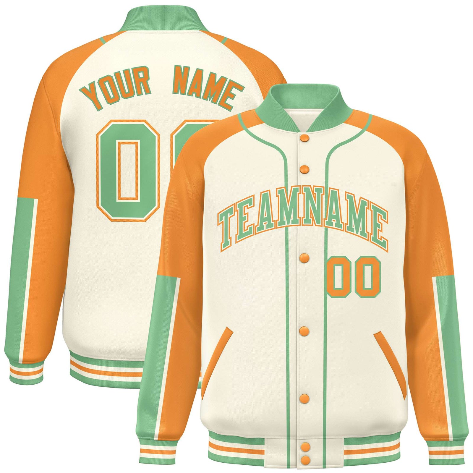 Custom Cream Yellow-Bright green Varsity Full-Snap Color Block Letterman Jacket