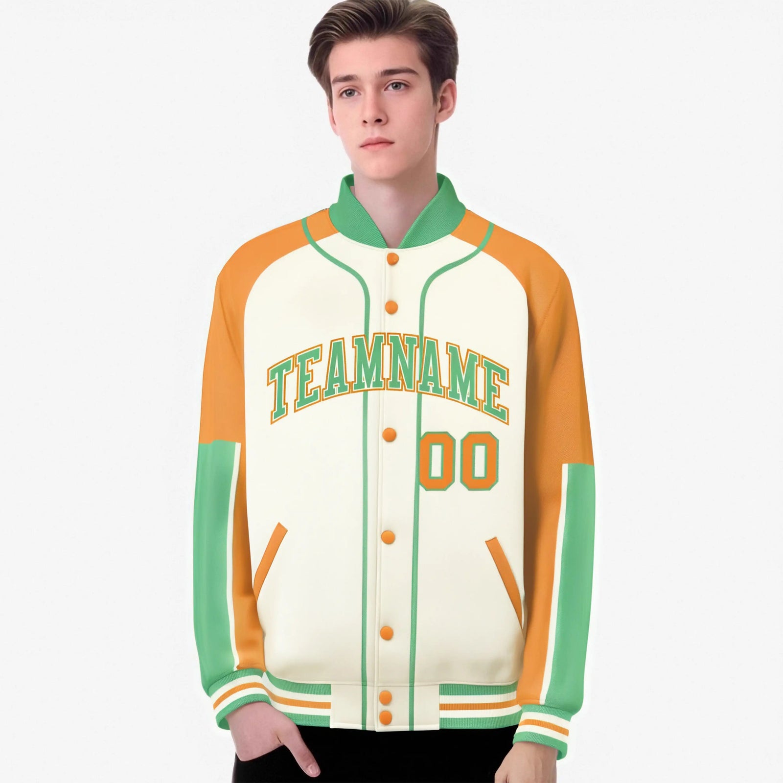 Custom Cream Yellow-Bright green Varsity Full-Snap Color Block Letterman Jacket