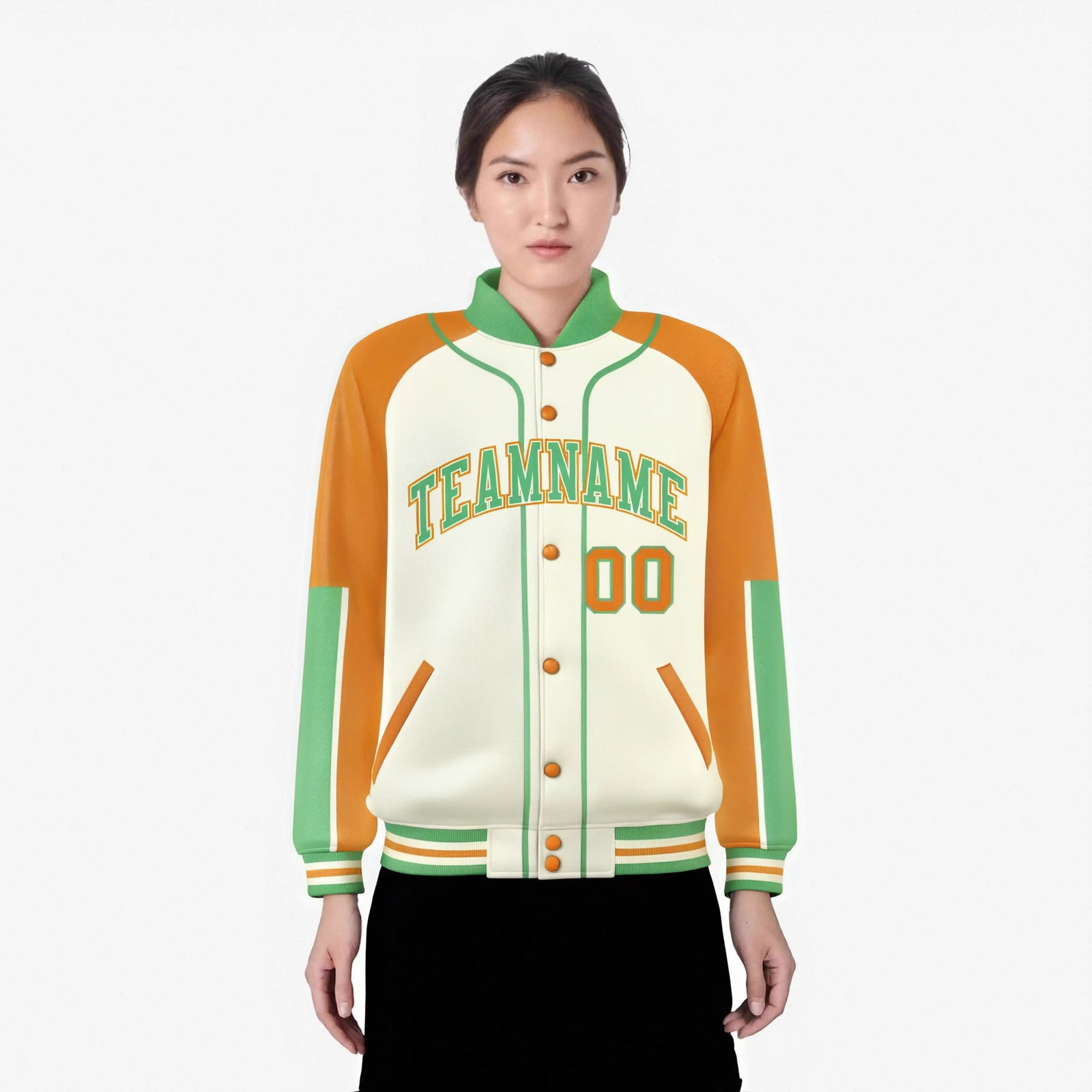 Custom Cream Yellow-Bright green Varsity Full-Snap Color Block Letterman Jacket