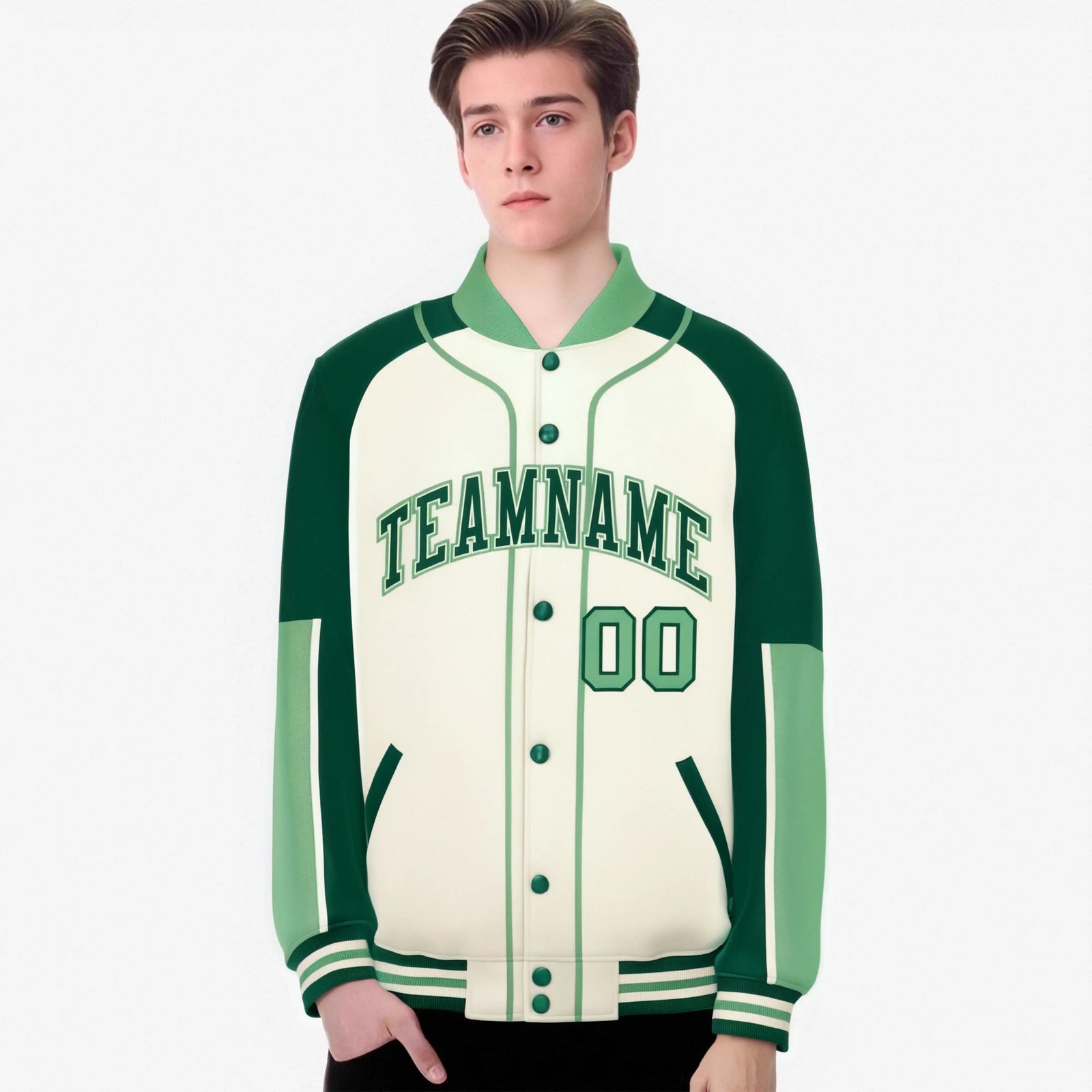 Custom Cream Green-Bright green Varsity Full-Snap Color Block Letterman Jacket