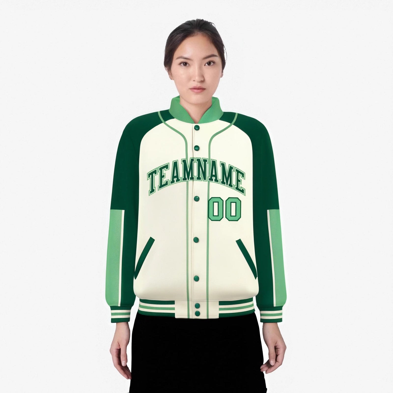 Custom Cream Green-Bright green Varsity Full-Snap Color Block Letterman Jacket