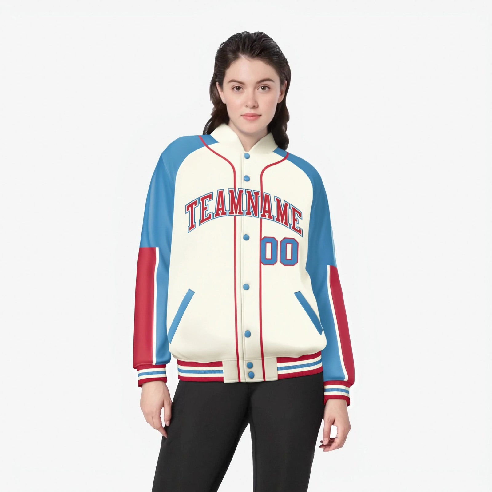Custom Cream Light Blue-Light Red Varsity Full-Snap Color Block Letterman Jacket