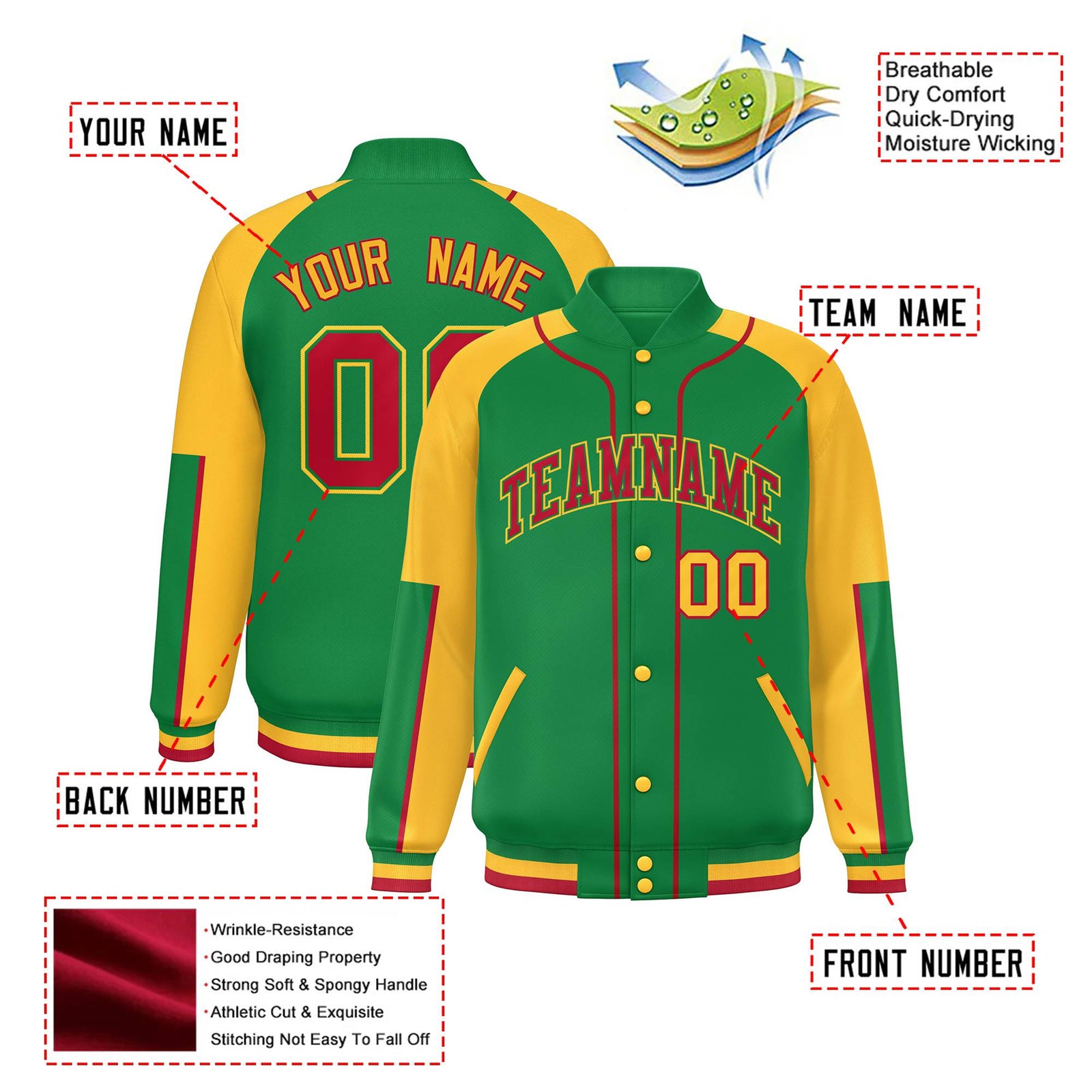 Custom Kelly Green Gold-Kelly Green Varsity Full-Snap Color Block Letterman Jacket