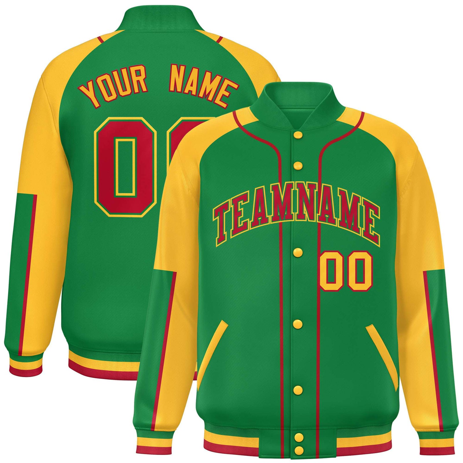 Custom Kelly Green Gold-Kelly Green Varsity Full-Snap Color Block Letterman Jacket