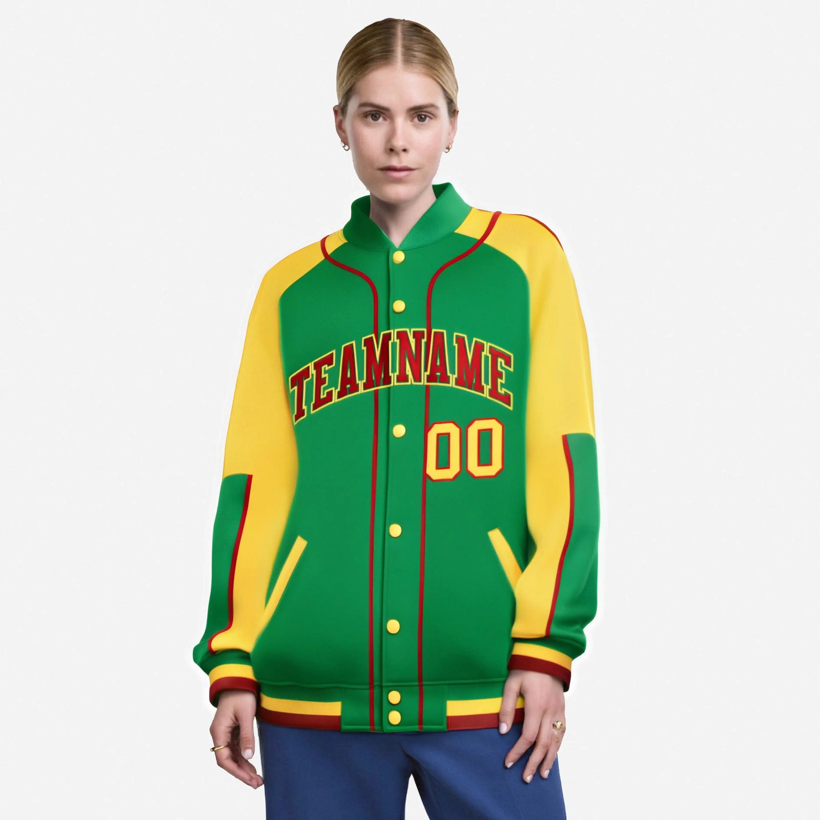 Custom Kelly Green Gold-Kelly Green Varsity Full-Snap Color Block Letterman Jacket