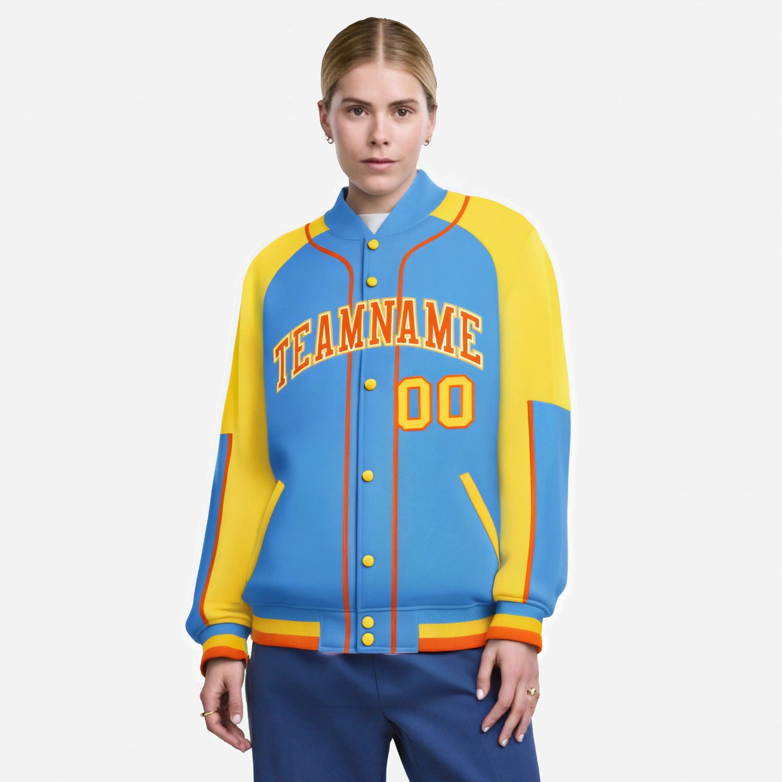 Custom Powder Blue Gold-Powder Blue Varsity Full-Snap Color Block Letterman Jacket