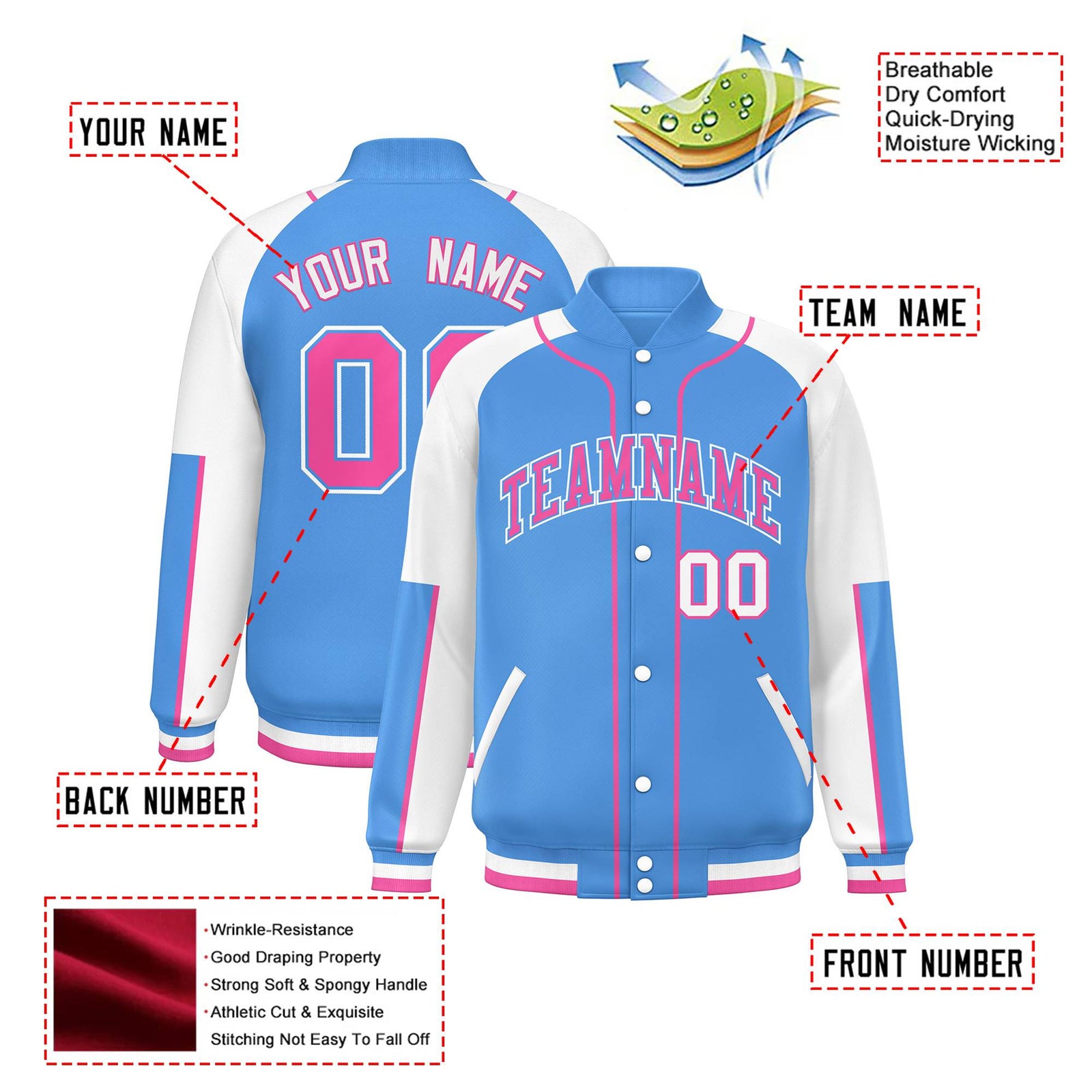 Custom Powder Blue White-Powder Blue Varsity Full-Snap Color Block Letterman Jacket