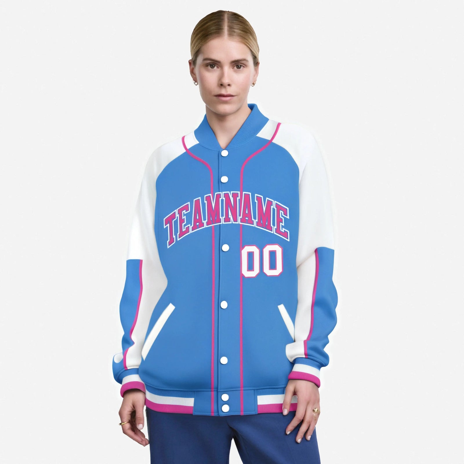Custom Powder Blue White-Powder Blue Varsity Full-Snap Color Block Letterman Jacket