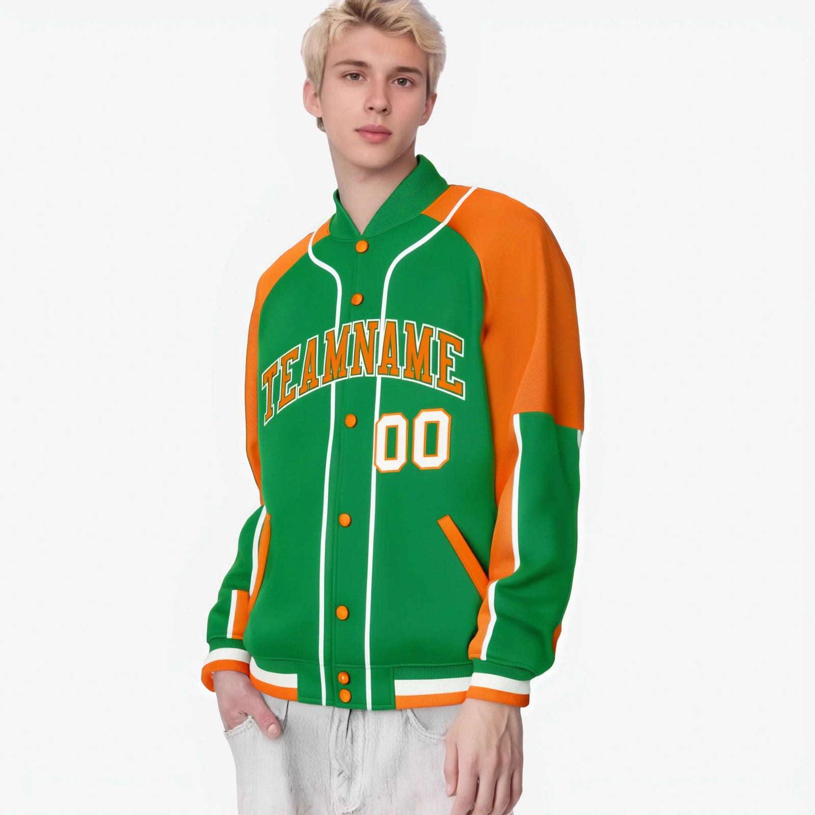 Custom Kelly Green Orange-Kelly Green Varsity Full-Snap Color Block Letterman Jacket