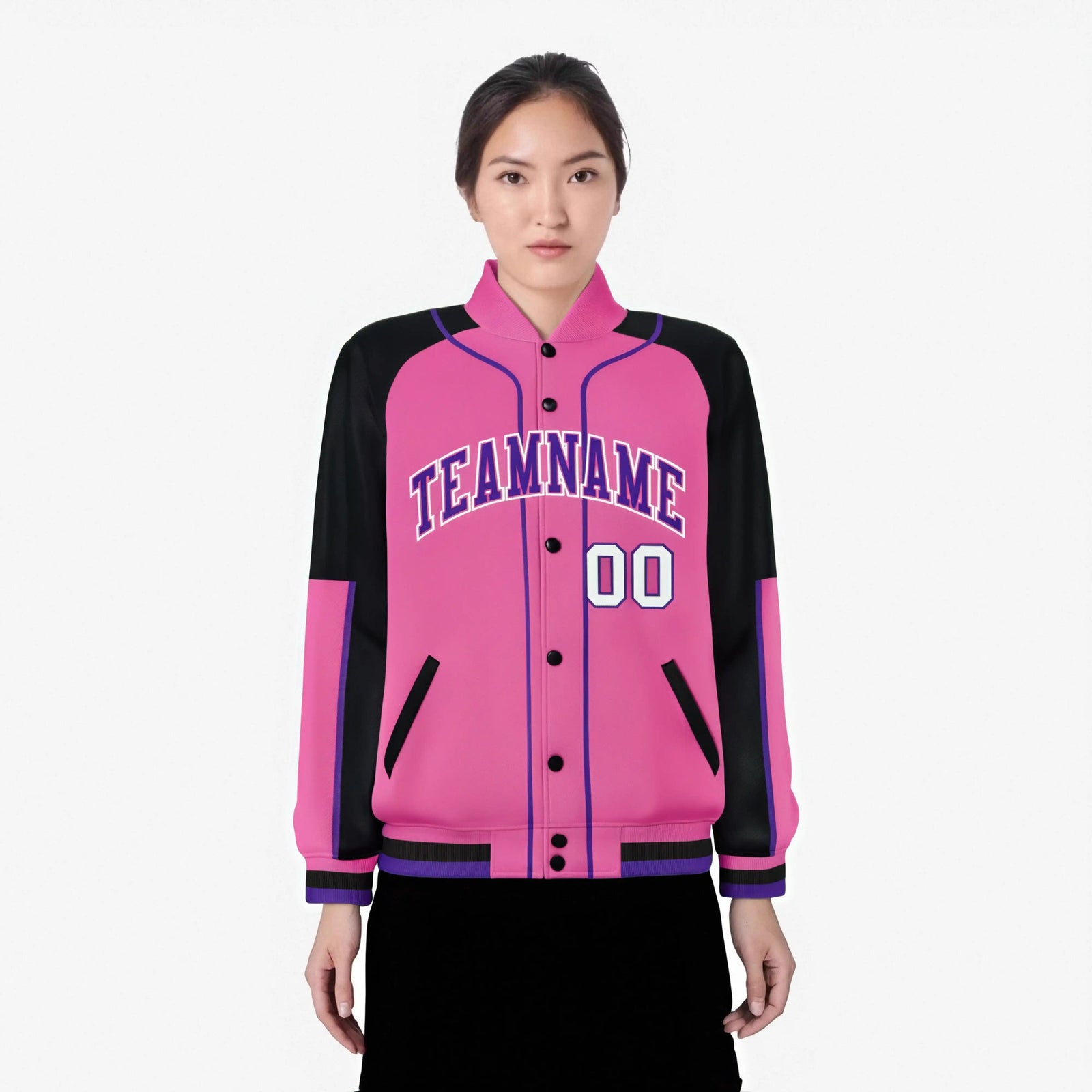 Custom Pink Black-Pink Varsity Full-Snap Color Block Letterman Jacket