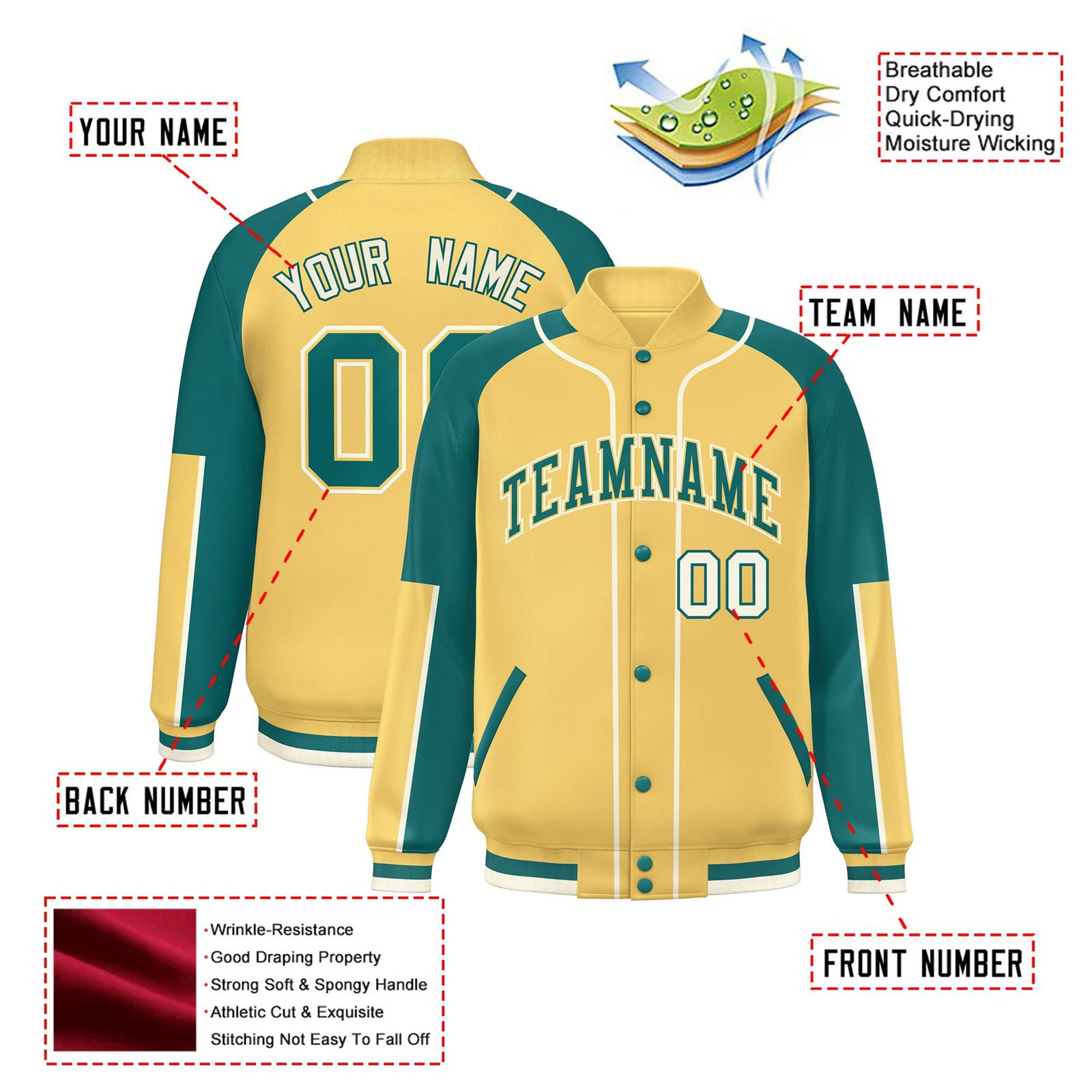 Custom Khaki Aqua-Khaki Varsity Full-Snap Color Block Letterman Jacket