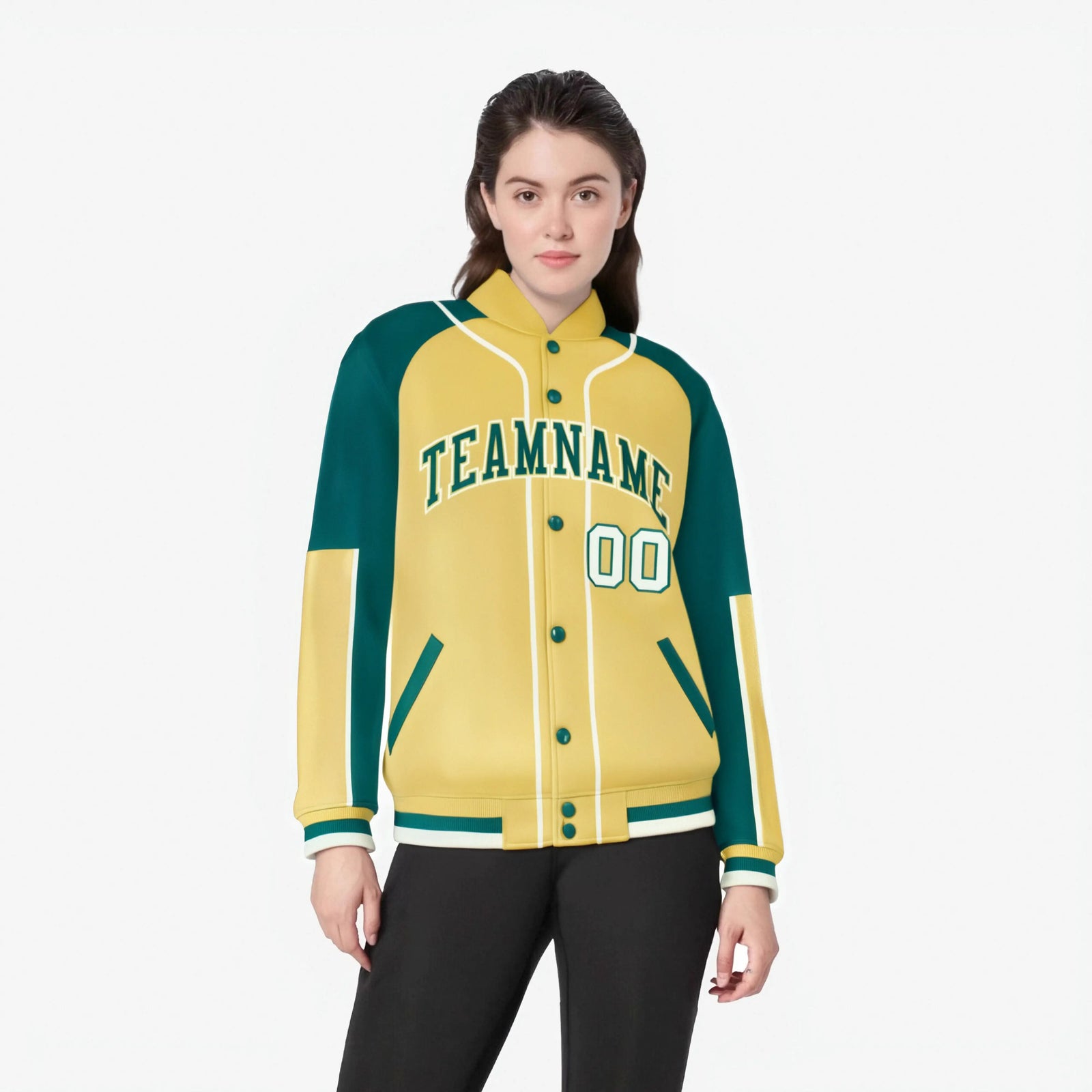 Custom Khaki Aqua-Khaki Varsity Full-Snap Color Block Letterman Jacket
