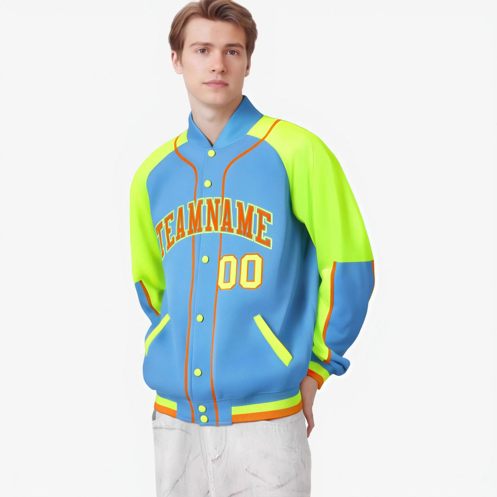Custom Powder Blue Fluorescent Green-Powder Blue Varsity Full-Snap Color Block Letterman Jacket