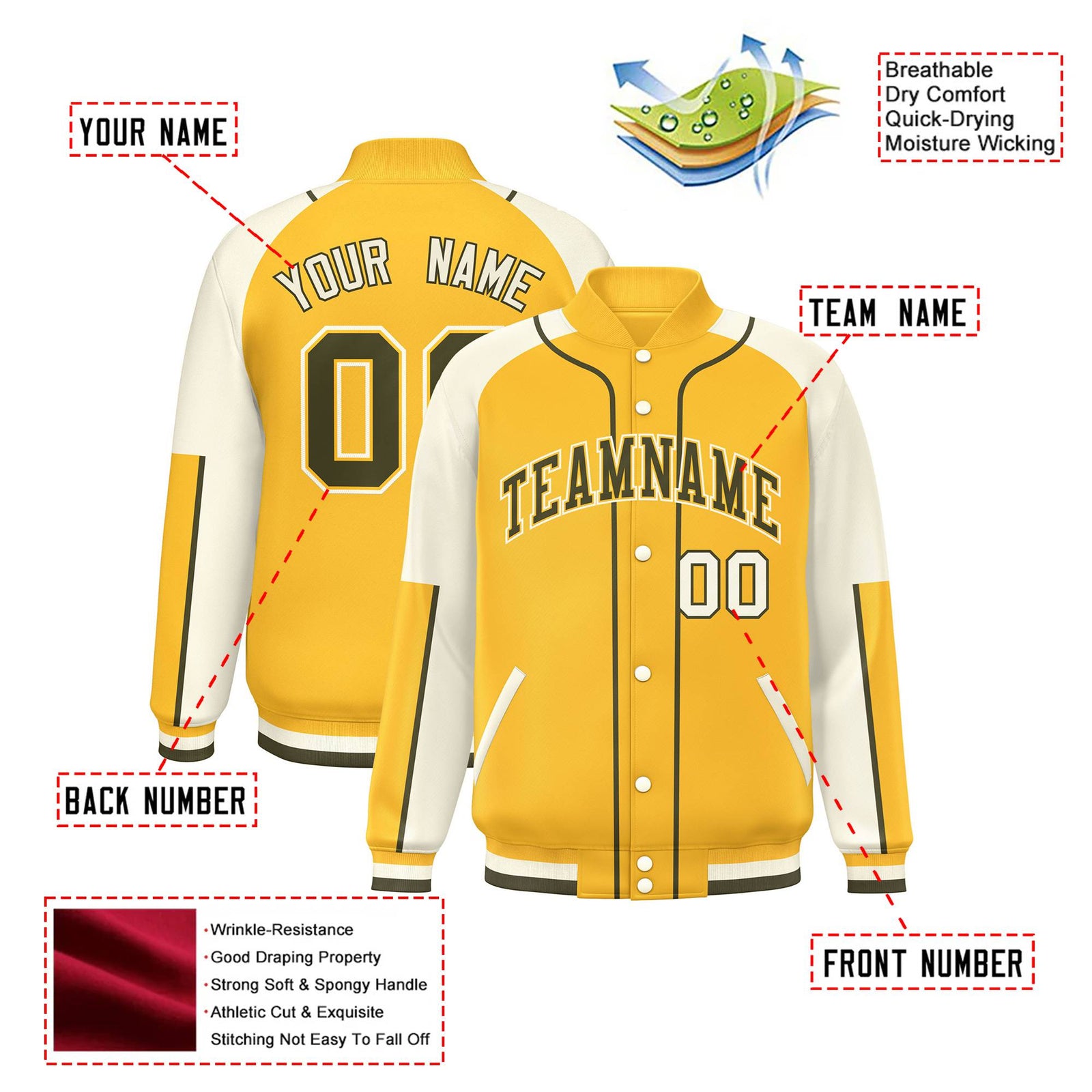 Custom Gold Cream-Gold Varsity Full-Snap Color Block Letterman Jacket