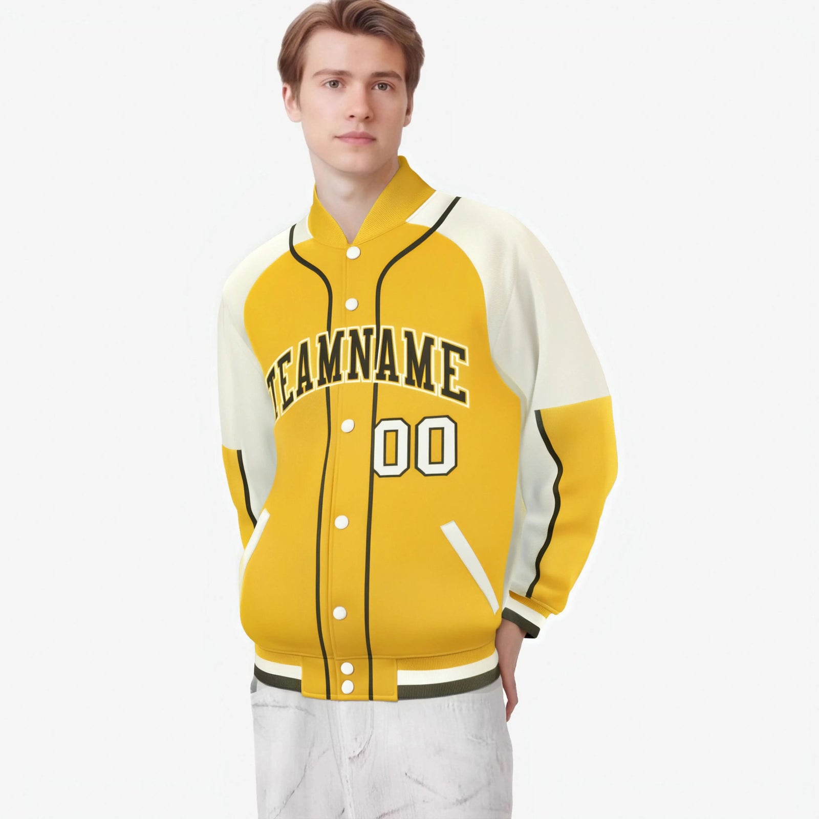 Custom Gold Cream-Gold Varsity Full-Snap Color Block Letterman Jacket